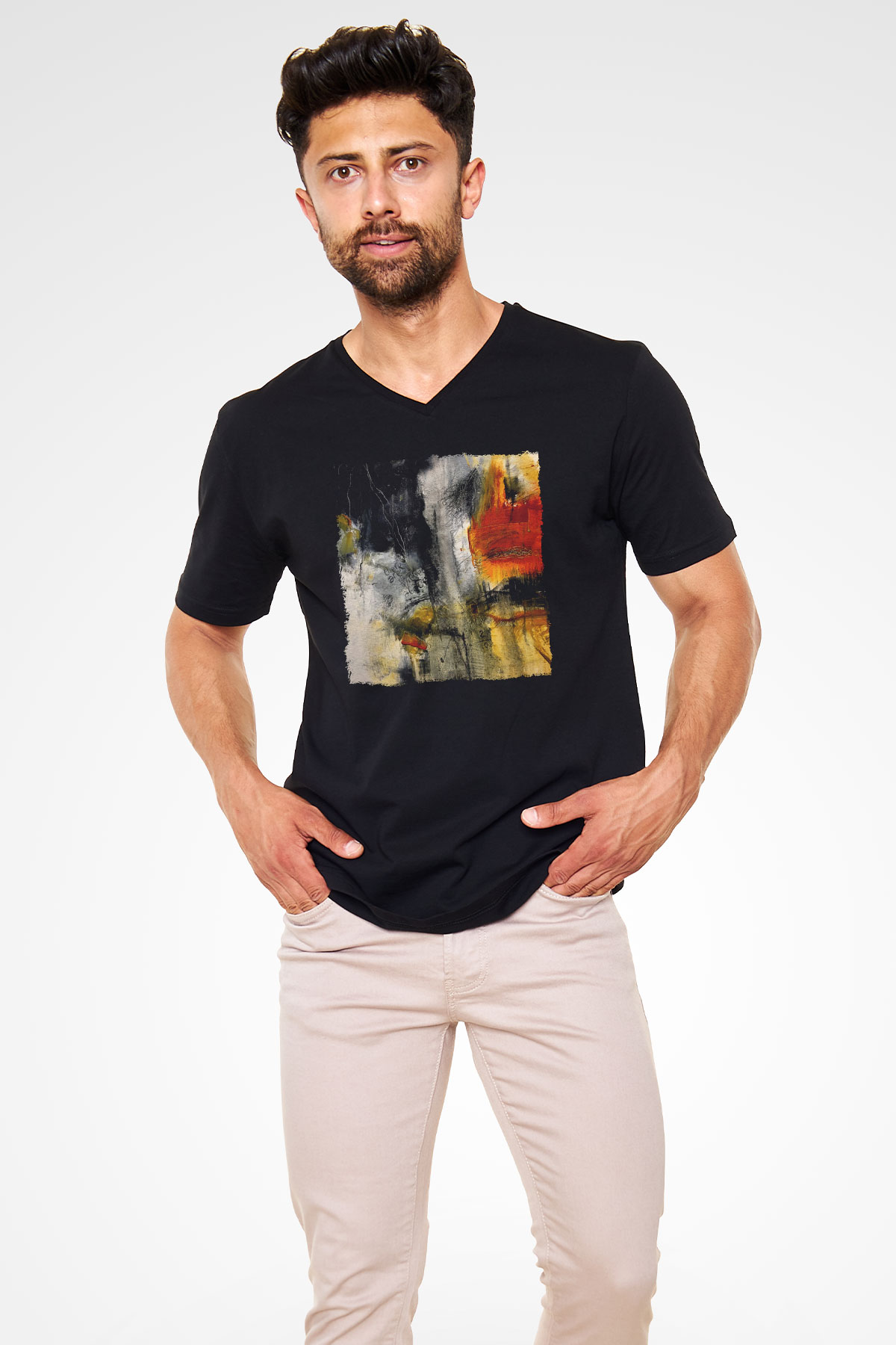 Tuval Siyah Unisex V Yaka Tişört