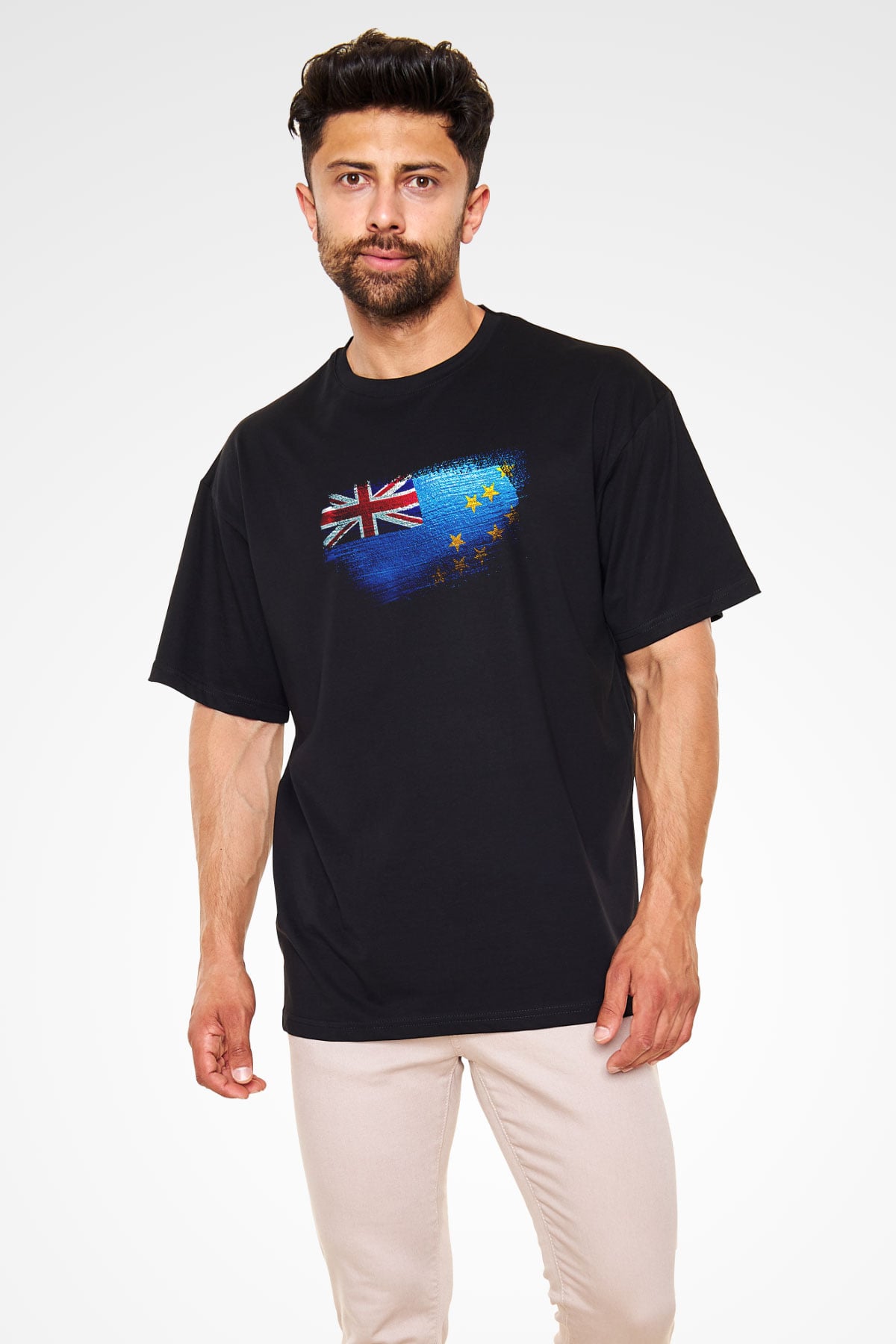 Tuvalu Bayrağı Baskılı Unisex Siyah Oversize Tişört