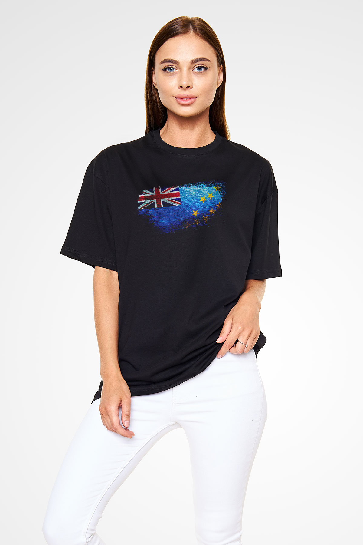 Tuvalu Bayrağı Baskılı Unisex Siyah Oversize Tişört
