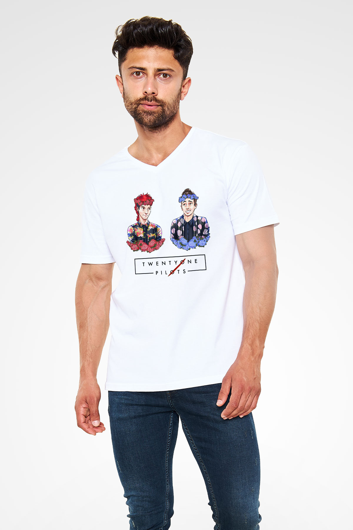 Twenty One Pilots Beyaz Unisex V Yaka Tişört T-Shirt