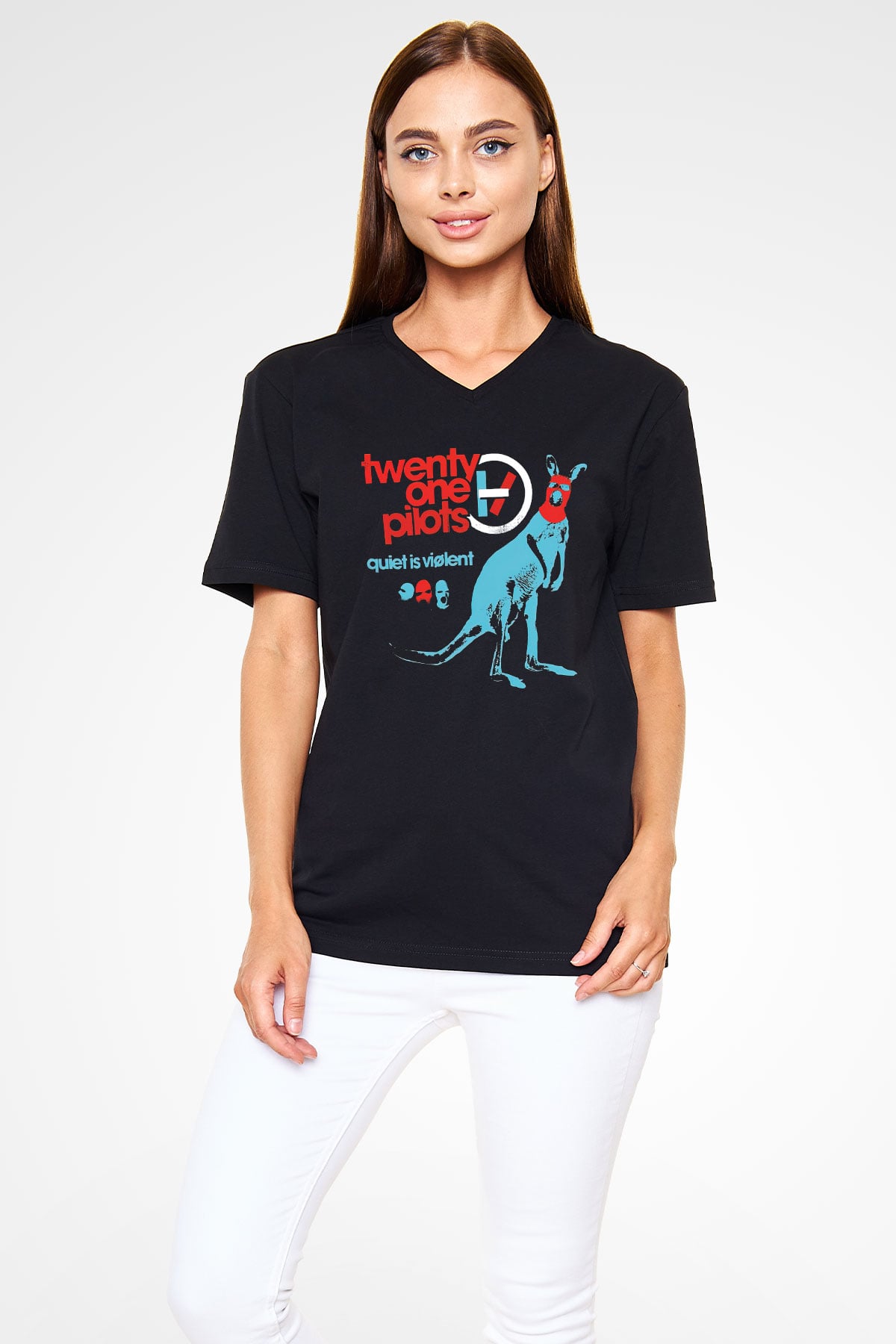 Twenty One Pilots Siyah Unisex V Yaka Tişört T-Shirt