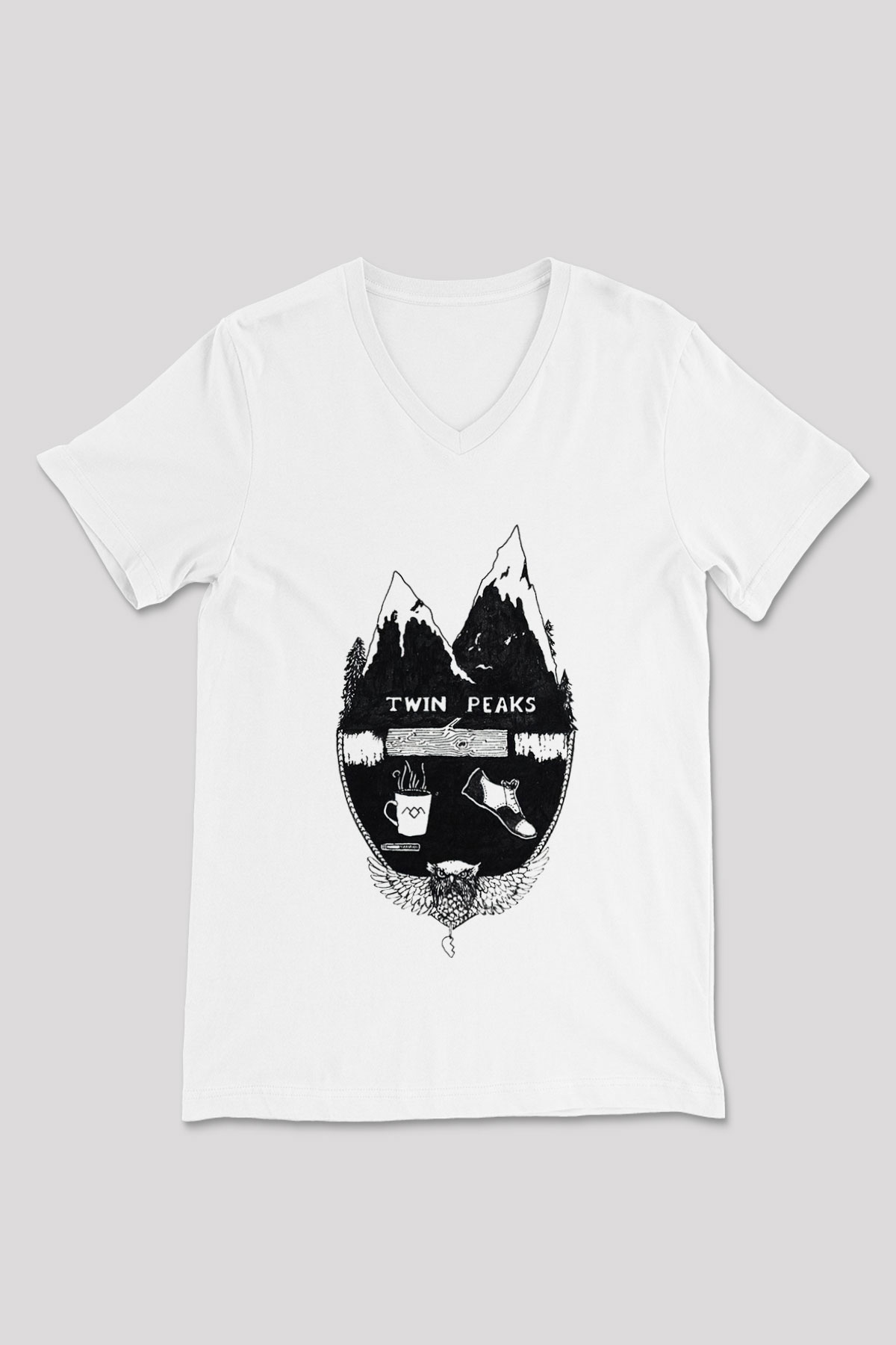 Twin Peaks Beyaz Unisex V Yaka Tişört T-Shirt
