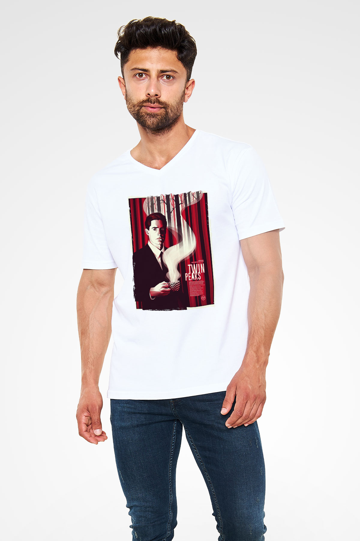 Twin Peaks Beyaz Unisex V Yaka Tişört