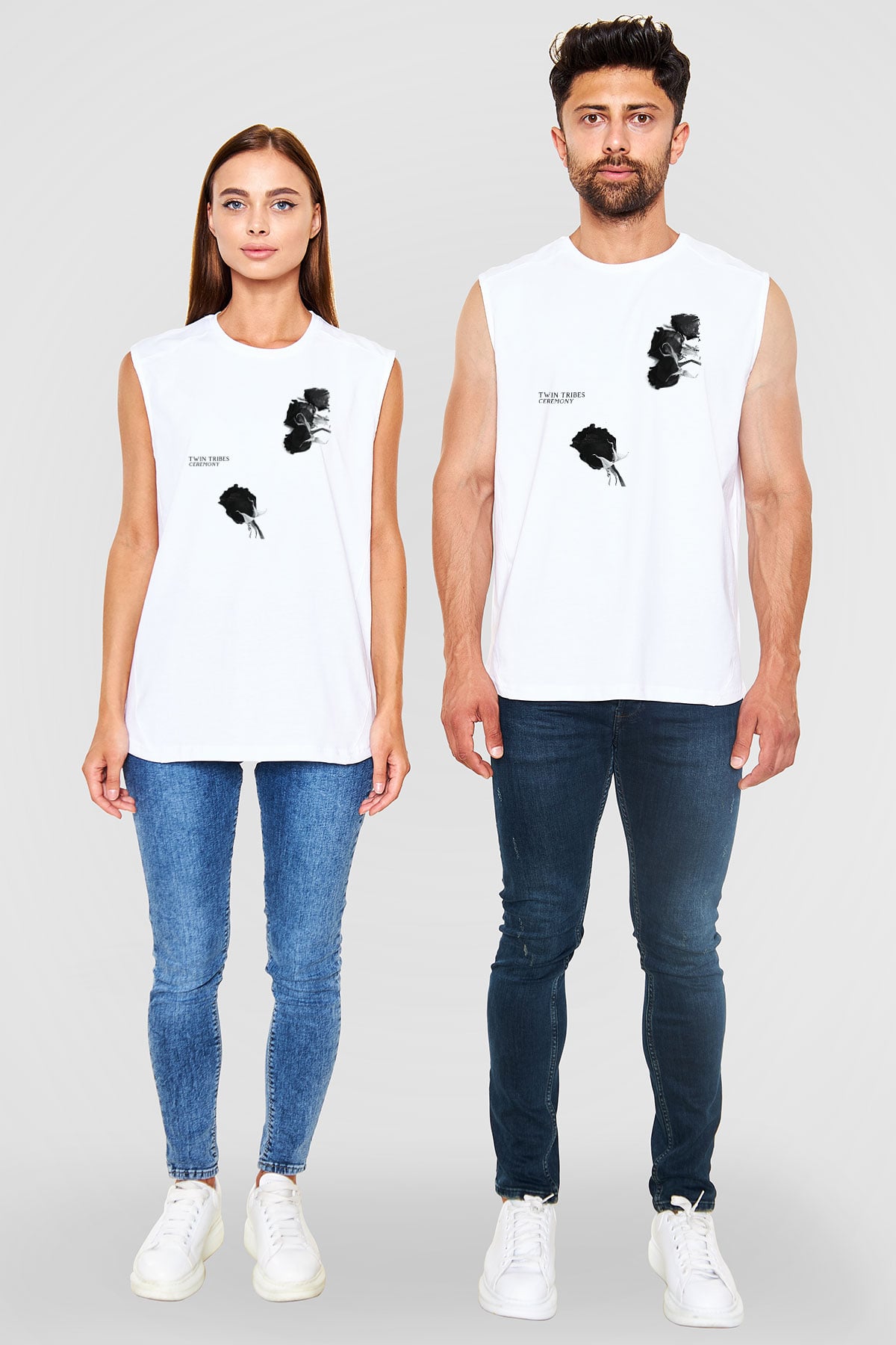 Twin Tribes Baskılı Beyaz Unisex Kolsuz Tişört - Tshirt