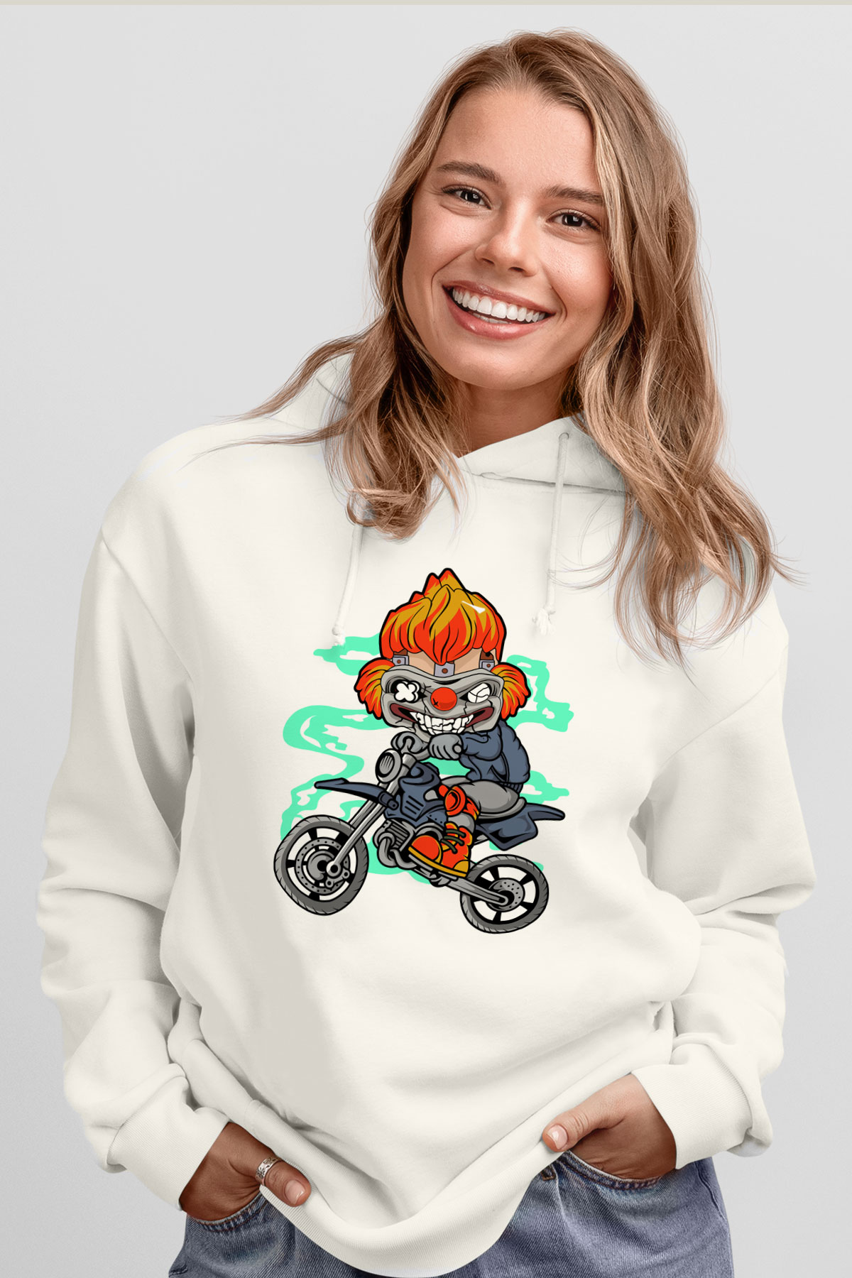 Twisted Metal Motocross Baskılı Beyaz Unisex Hoodie