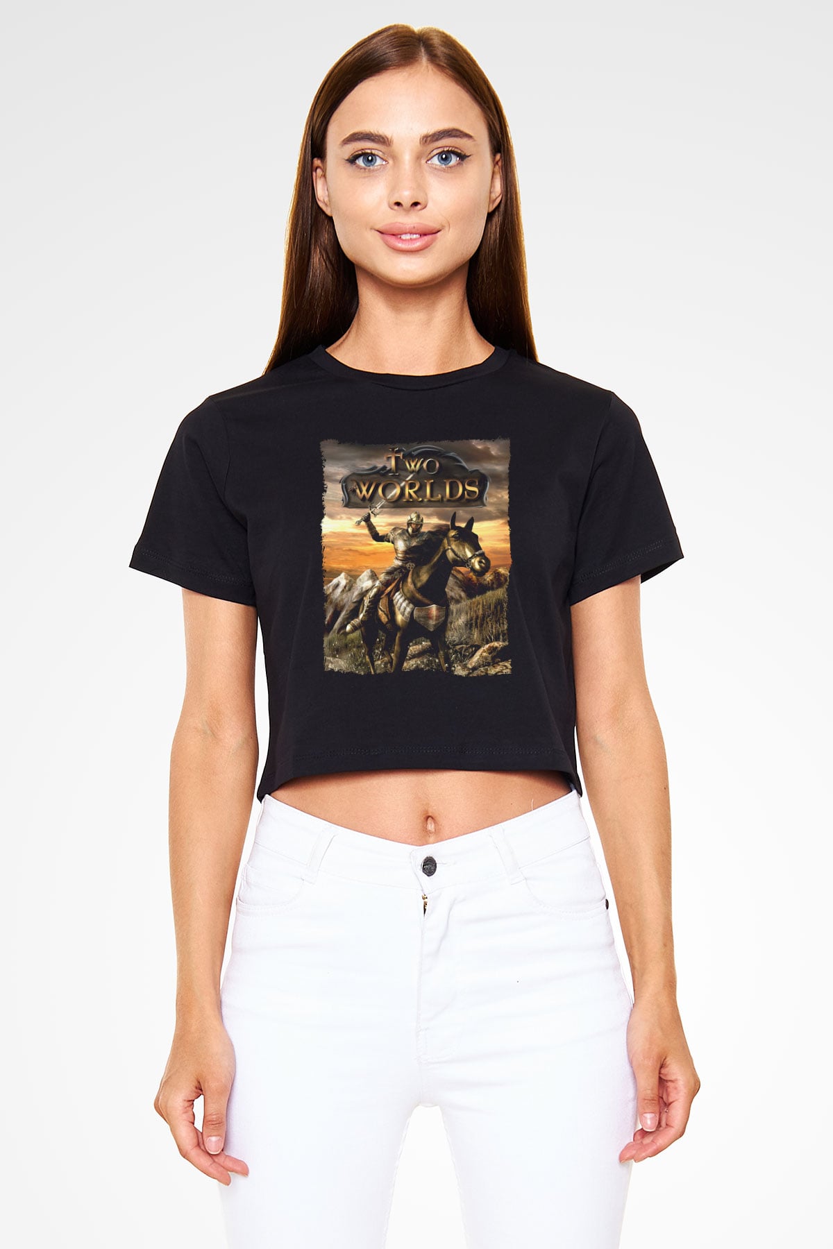 Two Worlds Siyah  Crop Top Tişört