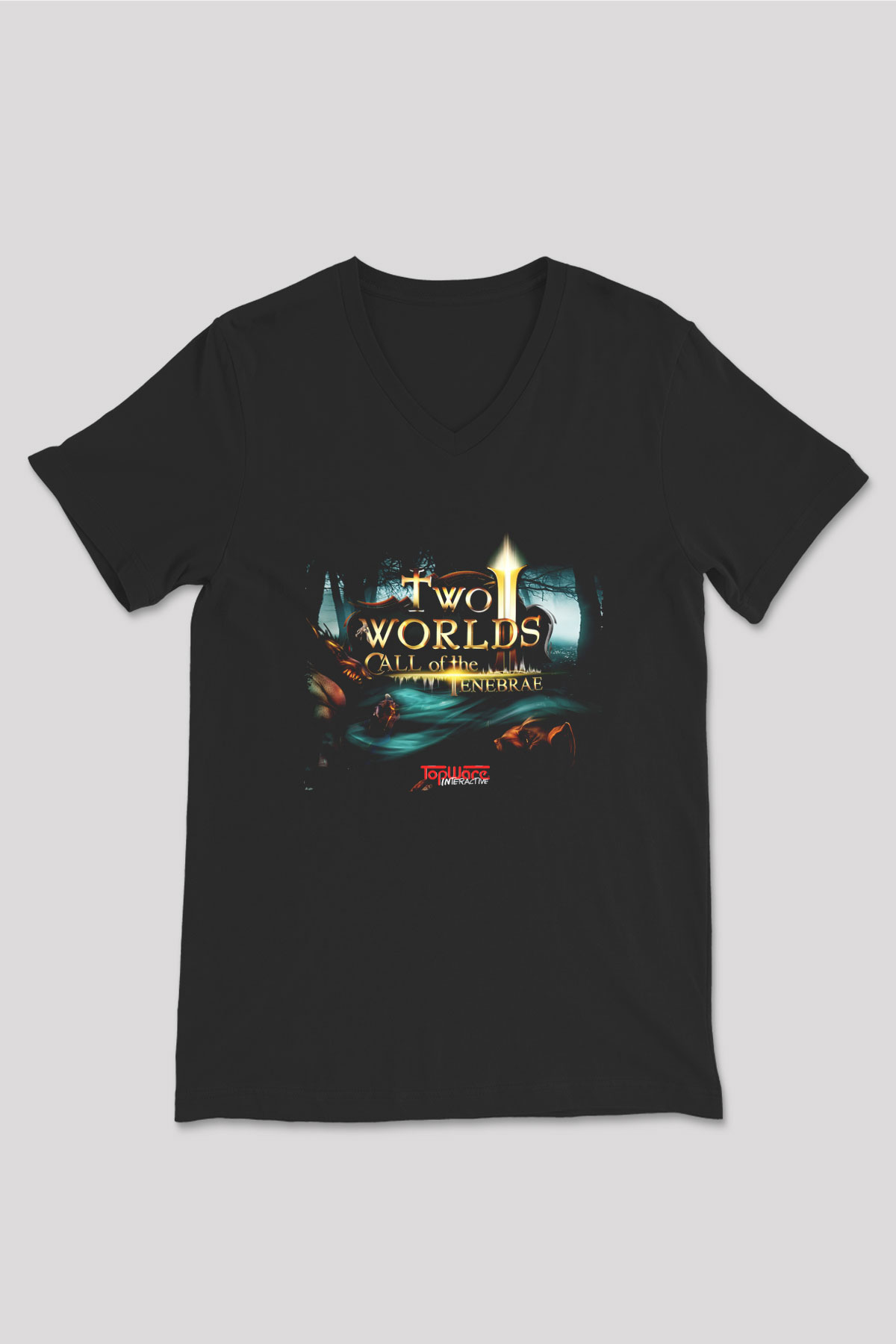 Two Worlds Siyah Unisex V Yaka Tişört