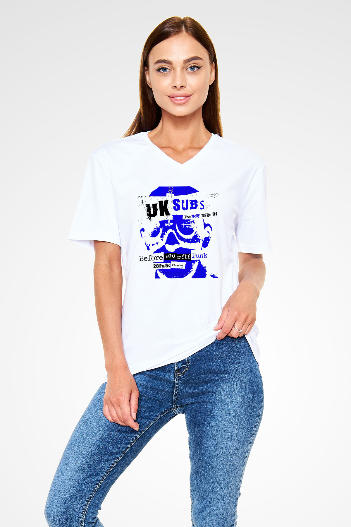 U.K. Subs Beyaz Unisex V Yaka Tişört T-Shirt
