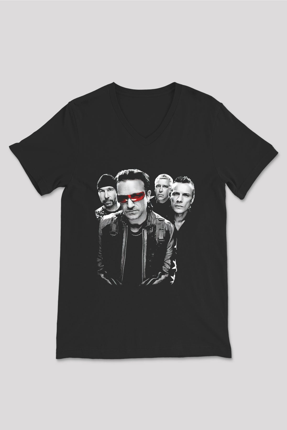U2 Siyah Unisex V Yaka Tişört T-Shirt
