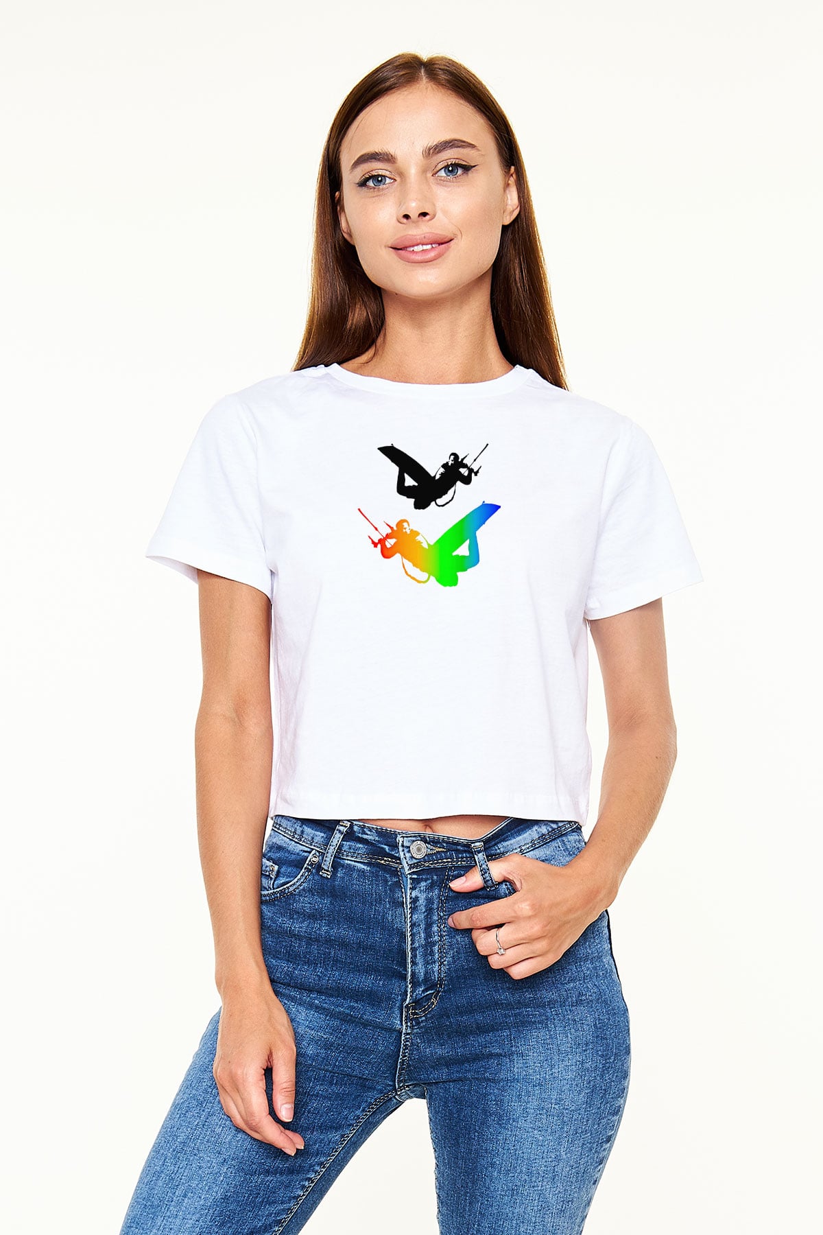 Uçurtma Kayağı Baskılı Crop Top Beyaz Tişört - T-shirt