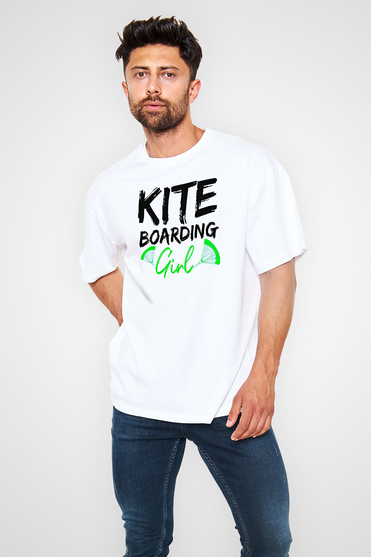 Uçurtma Kayağı Baskılı Unisex Beyaz Oversize Tişört - Tshirt