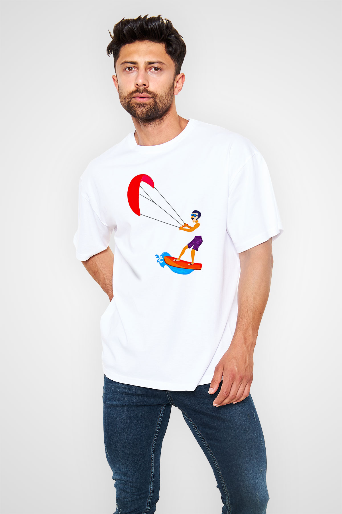 Uçurtma Kayağı Baskılı Unisex Beyaz Oversize Tişört - Tshirt