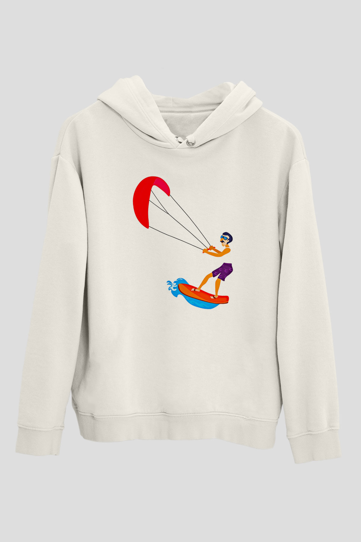 Uçurtma Kayağı Baskılı Unisex Ekru Hoodie