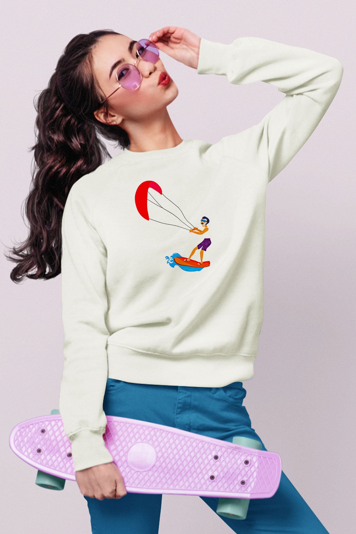 Uçurtma Kayağı Baskılı Unisex Ekru Sweatshirt