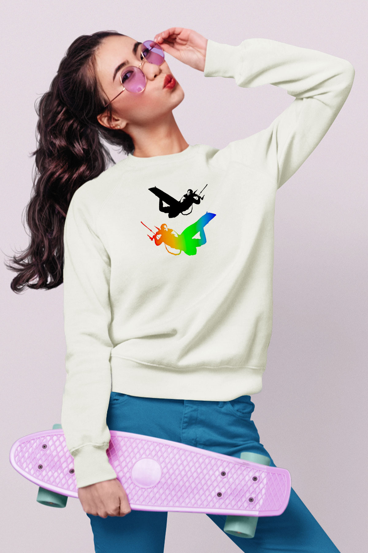 Uçurtma Kayağı Baskılı Unisex Ekru Sweatshirt