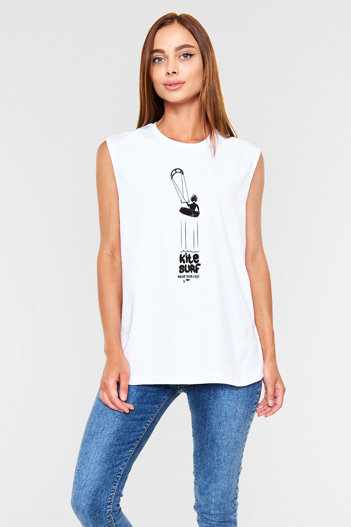 Uçurtma Kayağı Baskılı Unisex Kolsuz Beyaz Tişört