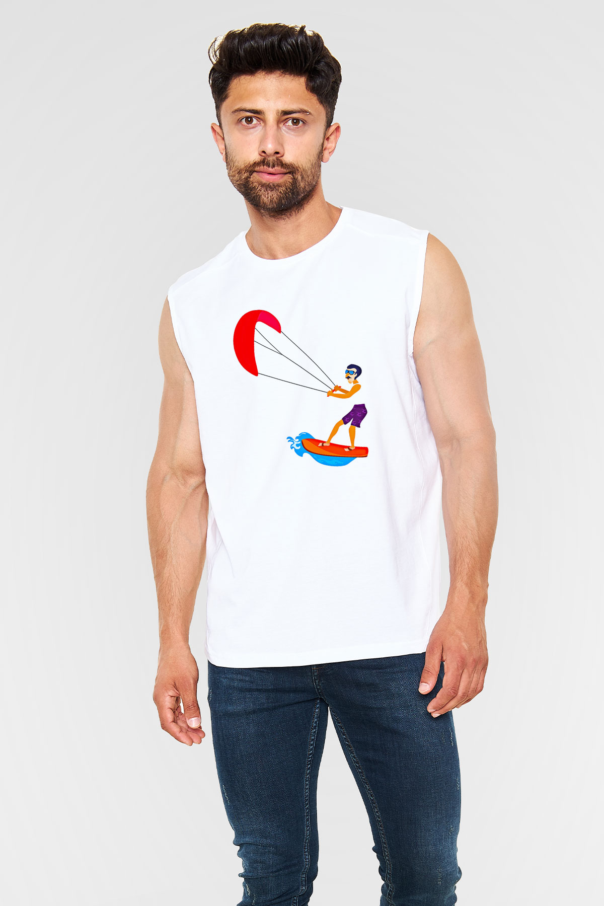 Uçurtma Kayağı Baskılı Unisex Kolsuz Beyaz Tişört