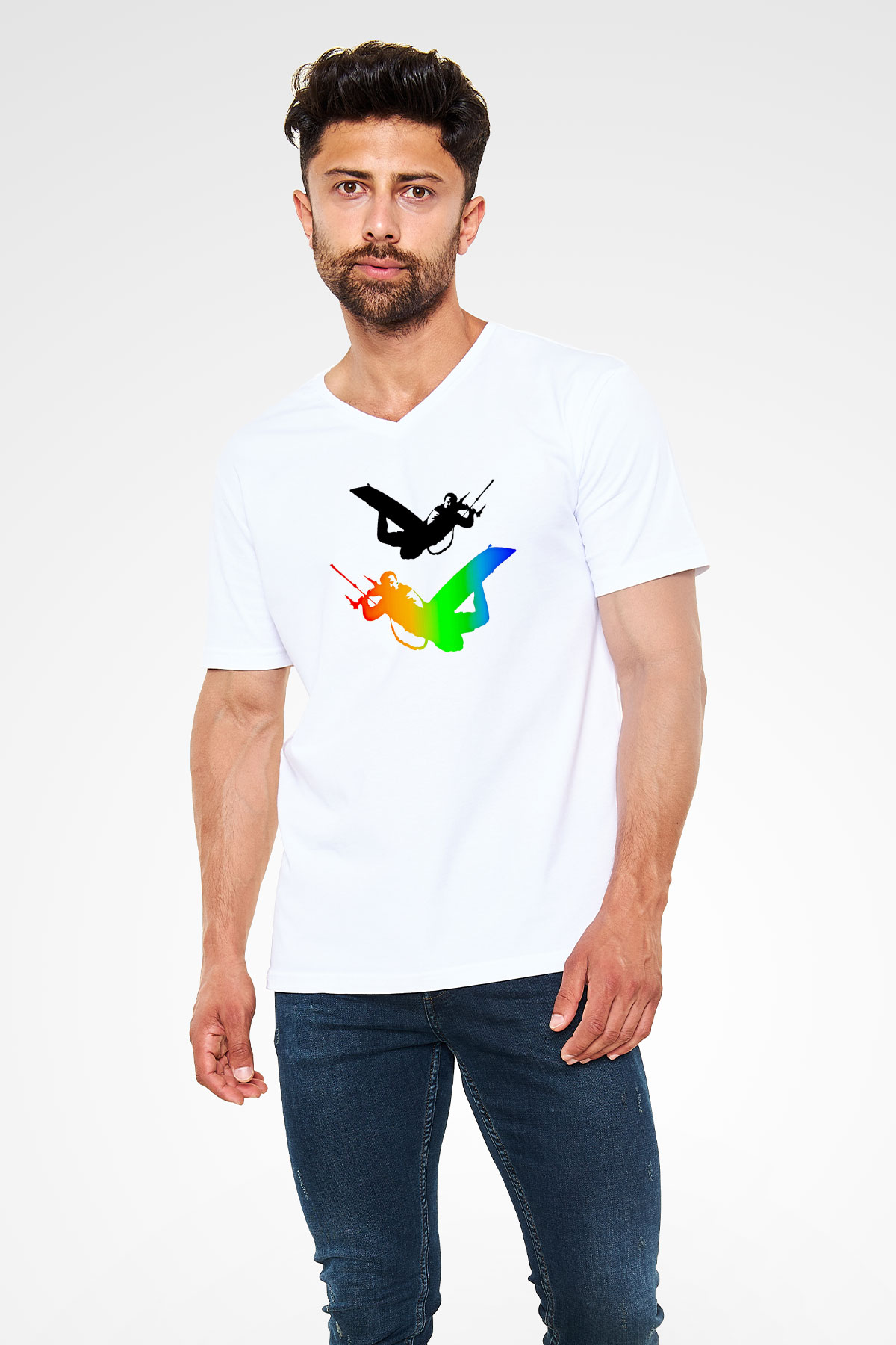 Uçurtma Kayağı Baskılı Unisex V Yaka Tişört - Tshirt