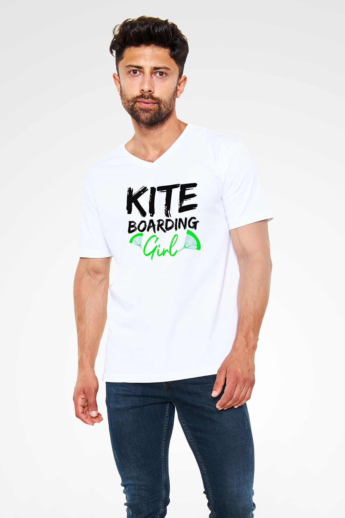 Uçurtma Kayağı Baskılı Unisex V Yaka Tişört - Tshirt