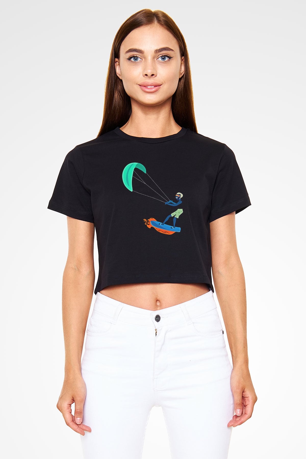 Uçurtma Kayağı - Kite Board Baskılı Crop Top Siyah Kadın Tişört - Tshirt