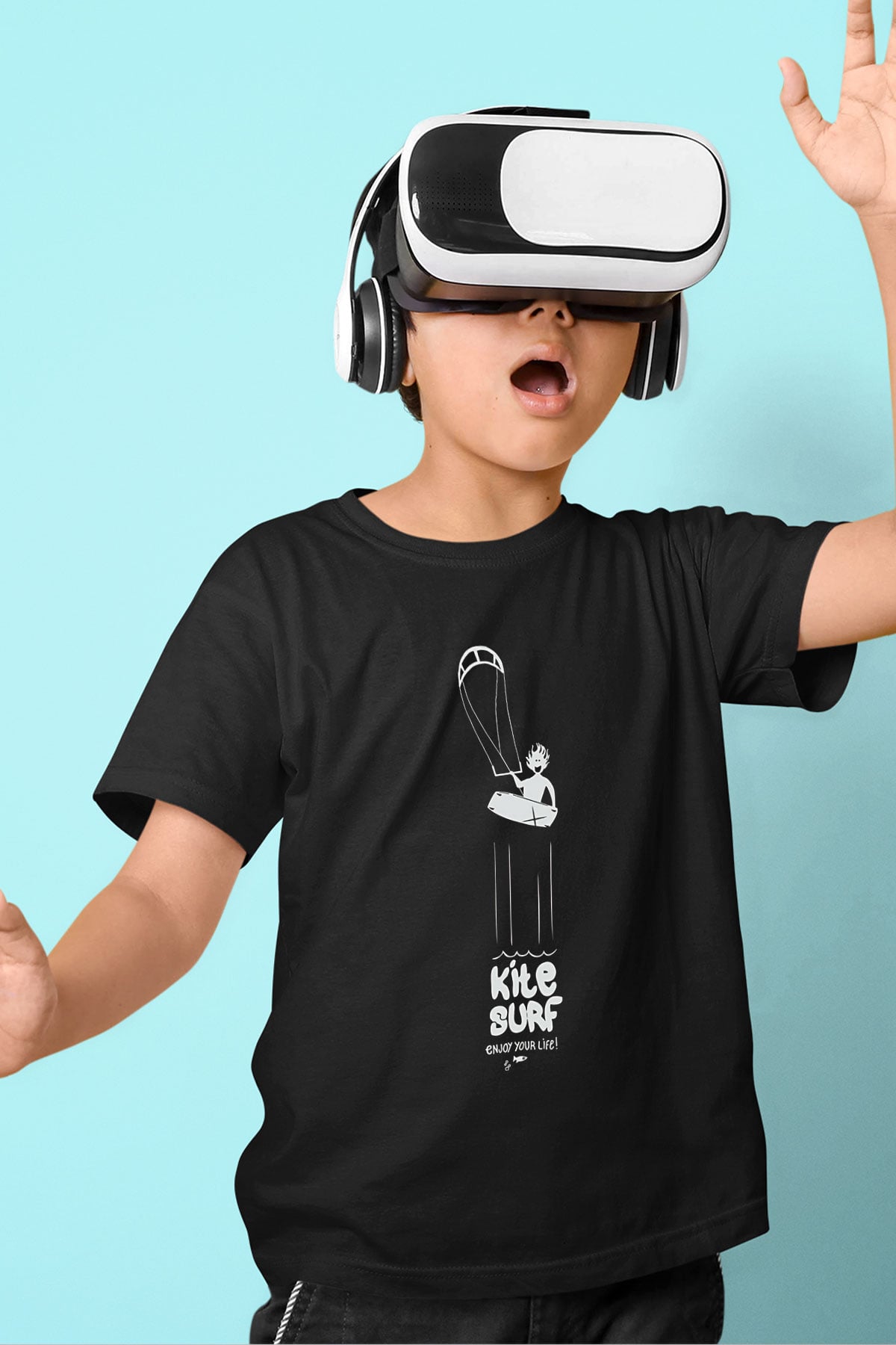 Uçurtma Kayağı - Kite Board Baskılı Unisex Siyah Çocuk Tİşörtü - Tshirt
