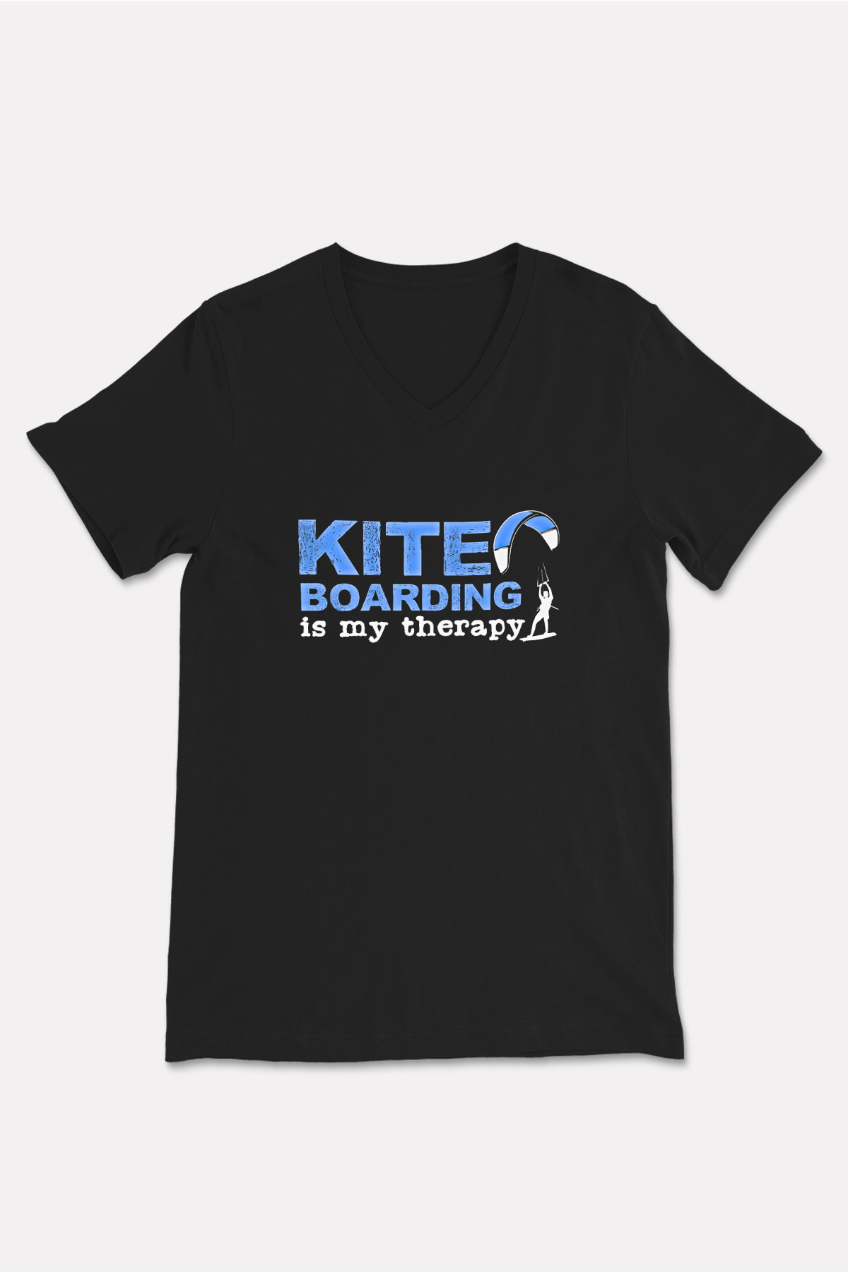 Uçurtma Kayağı - Kite Board Baskılı Unisex Siyah V Yaka Tişört