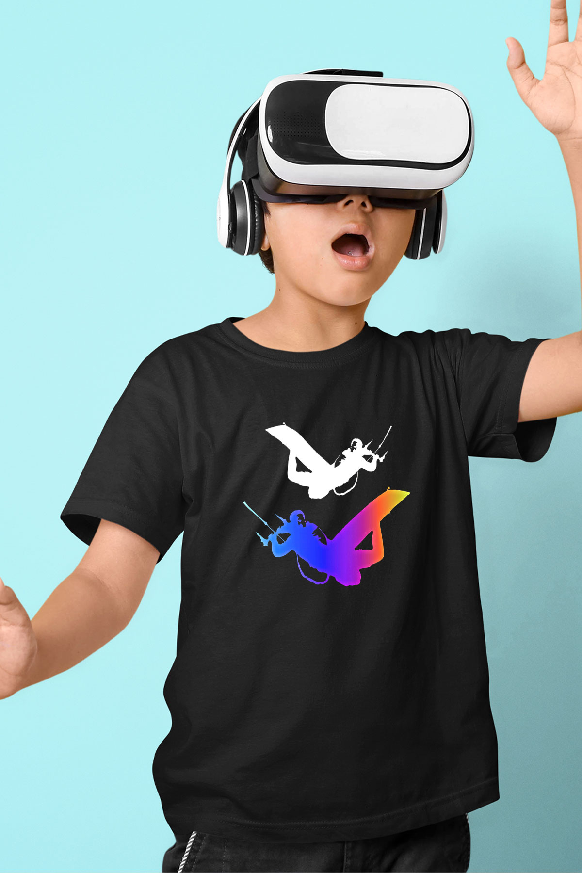 Uçurtma Kayağı - Kite Board Baskılı Unisex Siyah Çocuk Tİşörtü - Tshirt