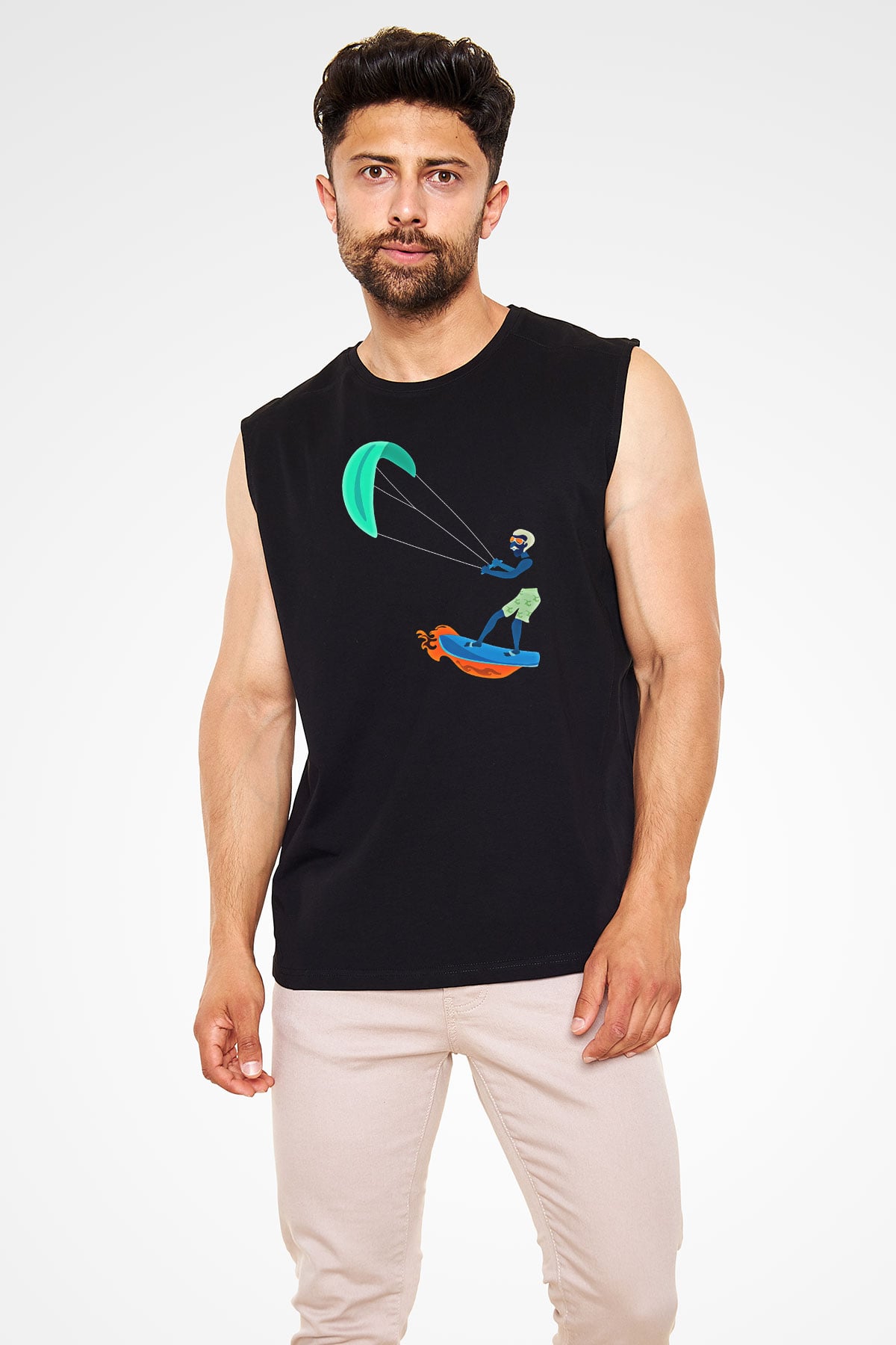 Uçurtma Kayağı - Kite Board Baskılı Unisex Siyah Kolsuz Tişört