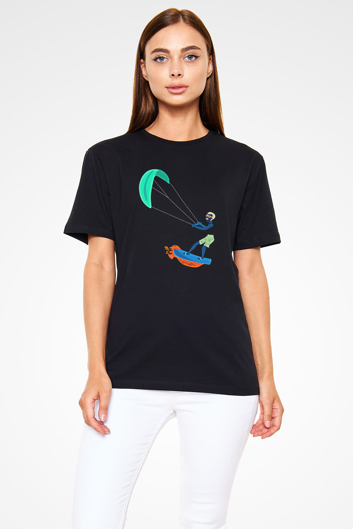 Uçurtma Kayağı - Kite Board Baskılı Unisex Siyah Tişört - Tshirt