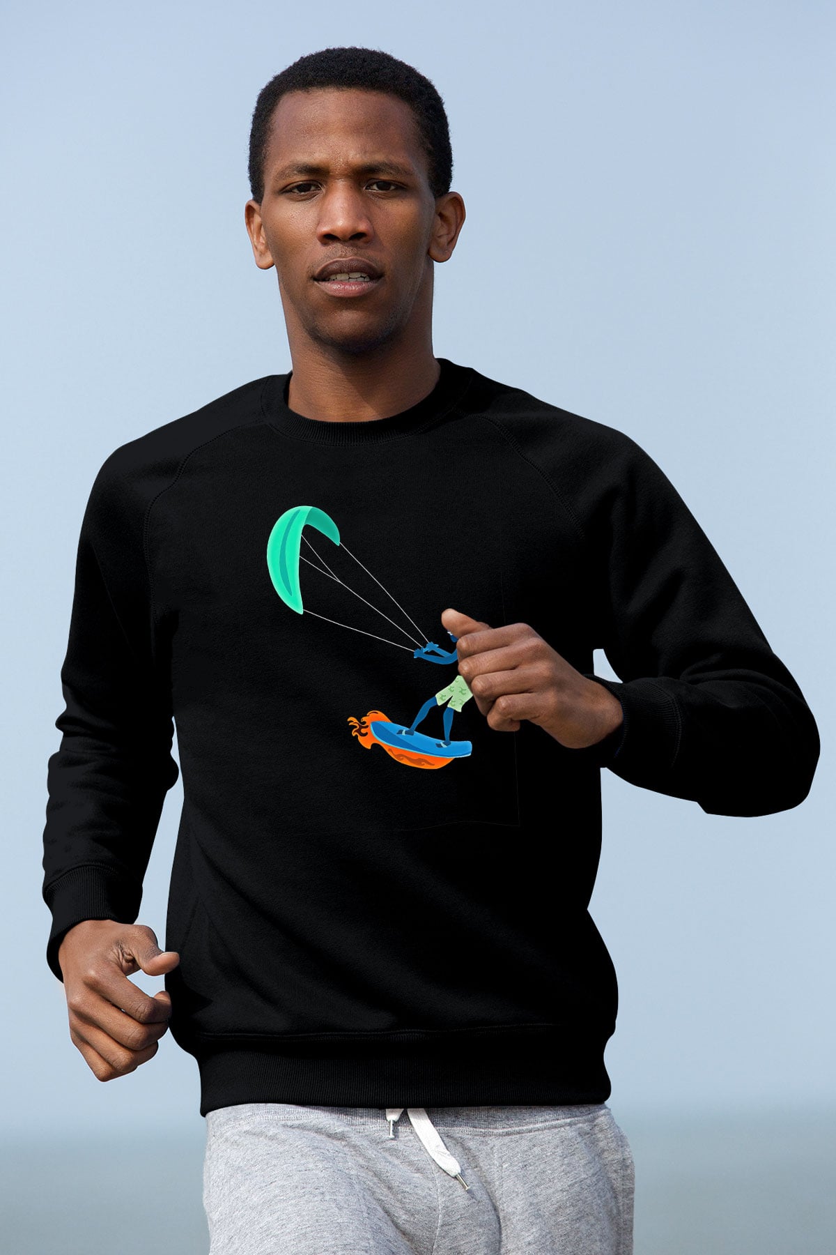 Uçurtma Kayağı - Kite Board Baskılı Unisex Siyah Sweatshirt