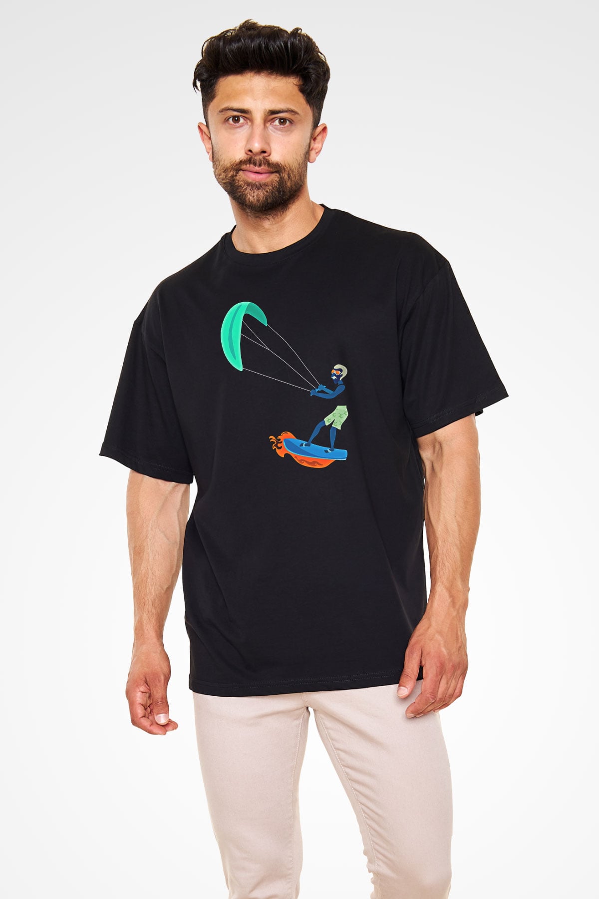 Uçurtma Kayağı - Kite Board Baskılı Unisex Siyah Oversize Tişört