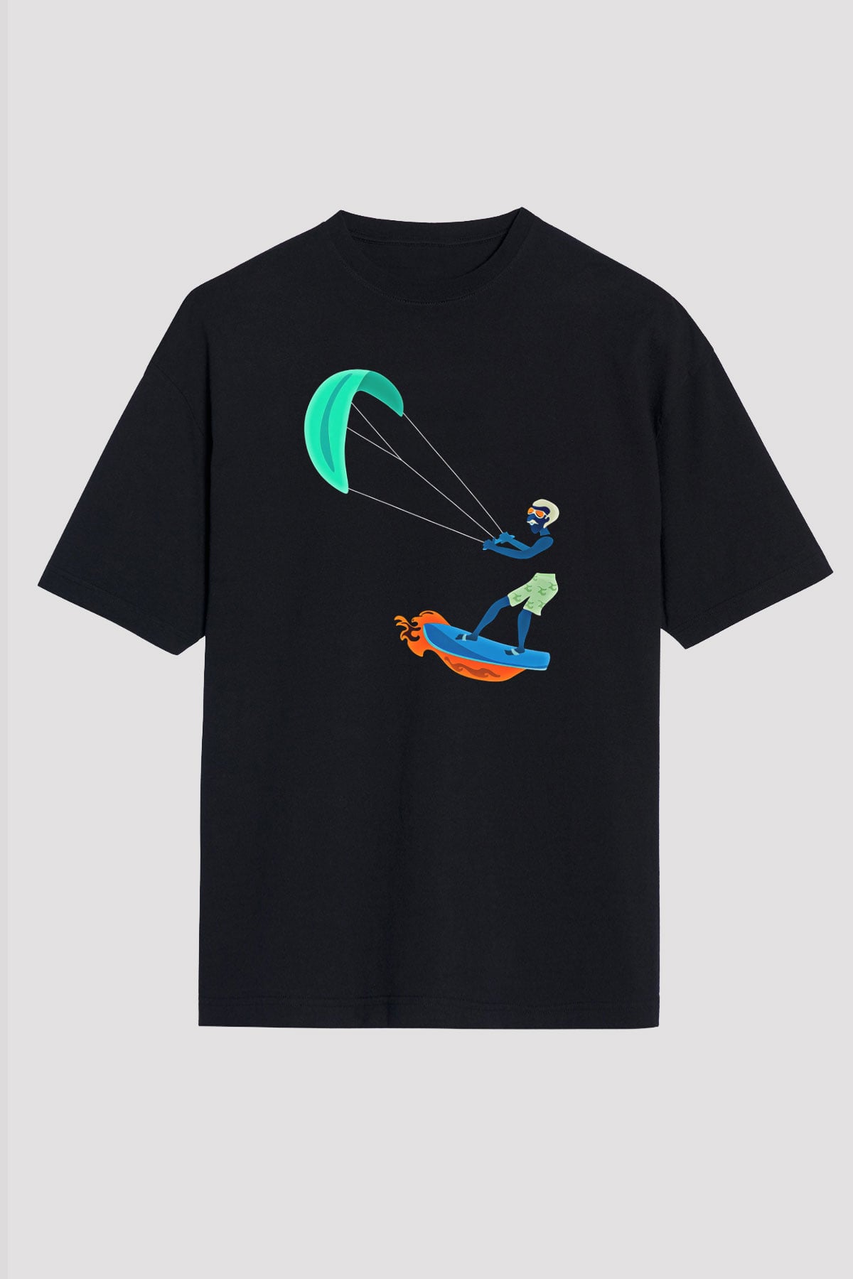 Uçurtma Kayağı - Kite Board Baskılı Unisex Siyah Oversize Tişört