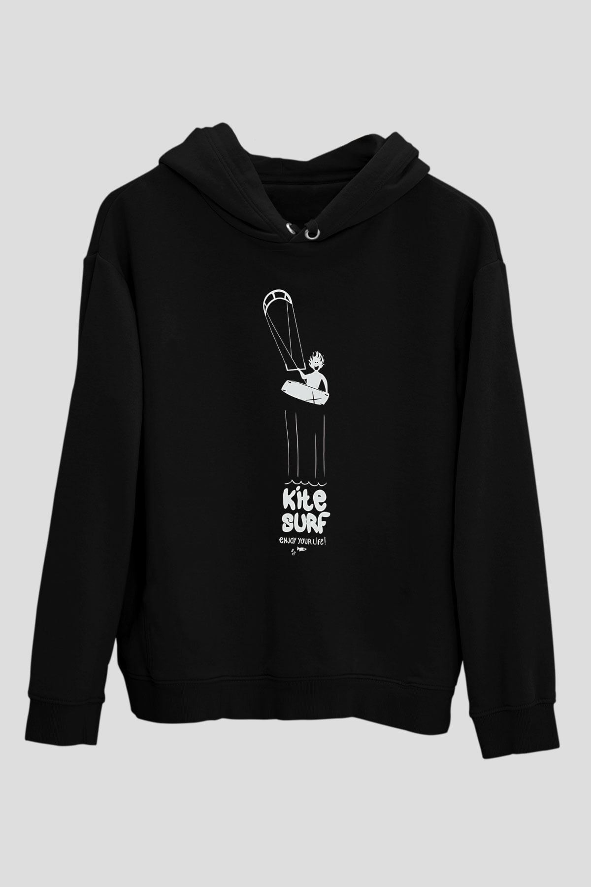 Uçurtma Kayağı - Kite Board Baskılı Unisex Siyah Kapüşonlu Sweatshirt