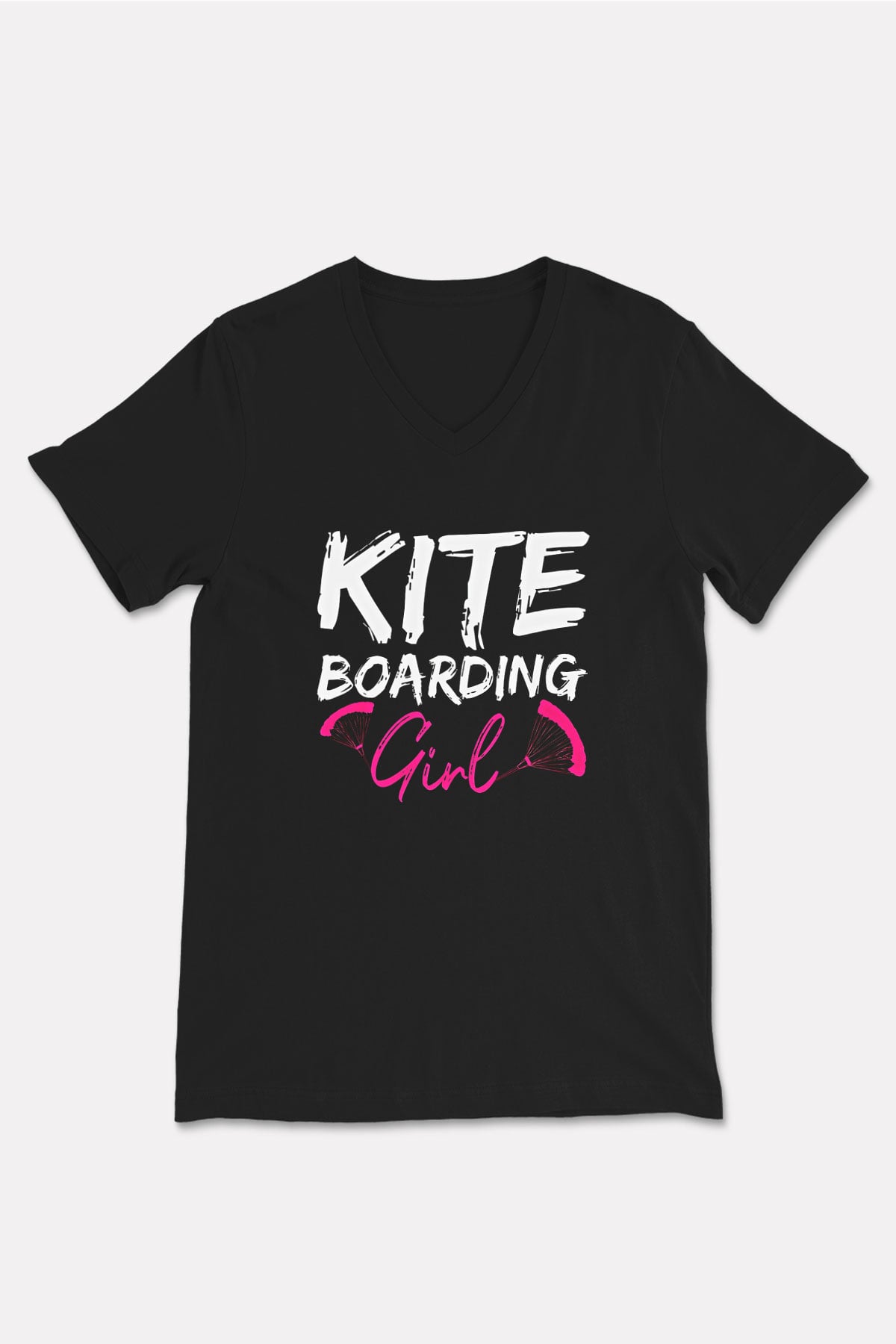Uçurtma Kayağı - Kite Board Baskılı Unisex Siyah V Yaka Tişört