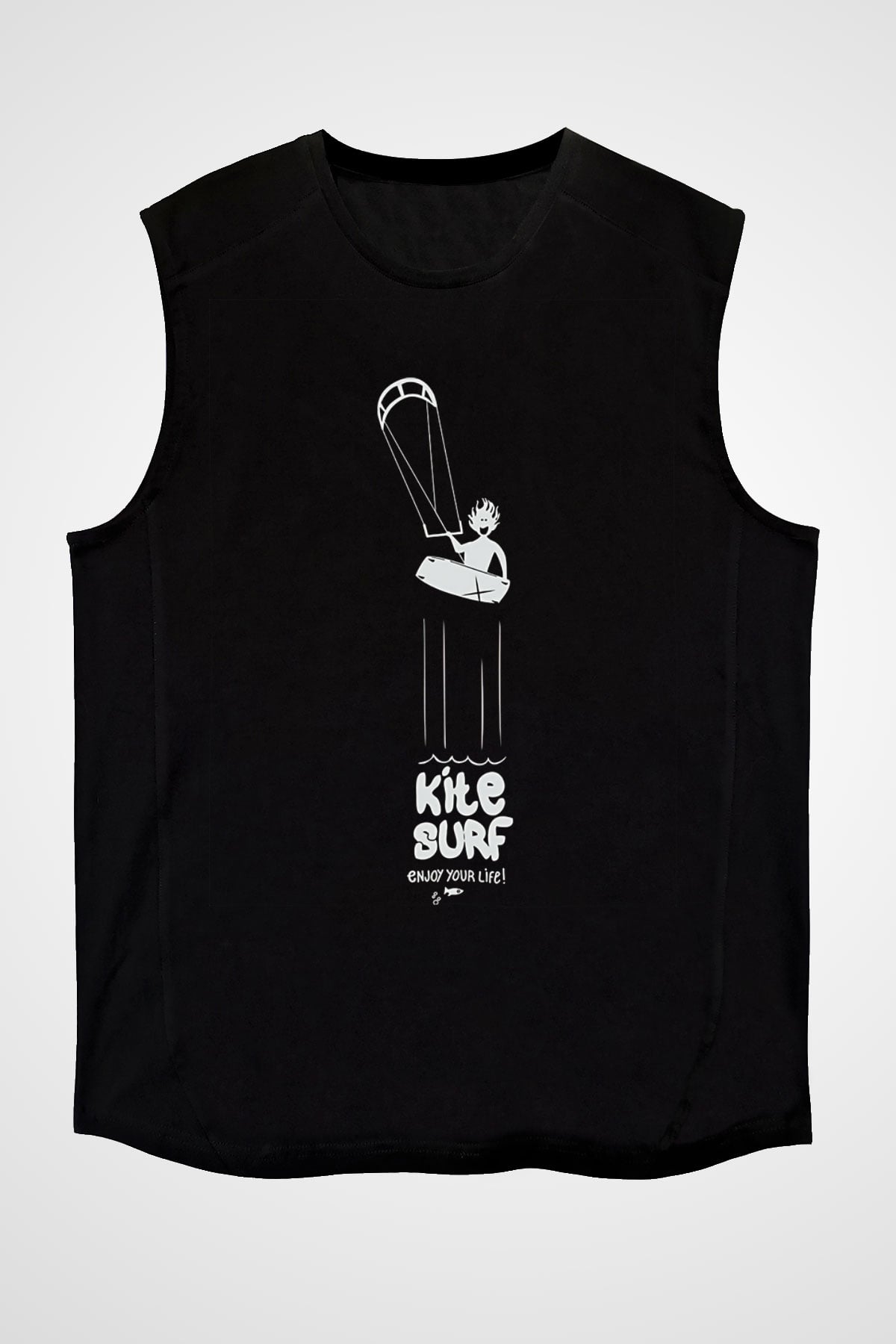 Uçurtma Kayağı - Kite Board Baskılı Unisex Siyah Kolsuz Tişört