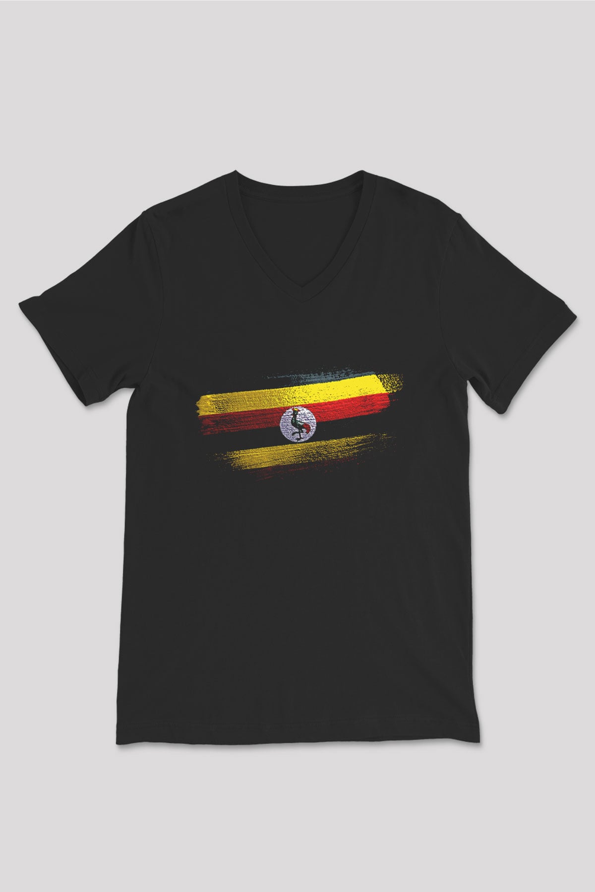 Uganda Bayrağı Baskılı Unisex Siyah V Yaka Tişört