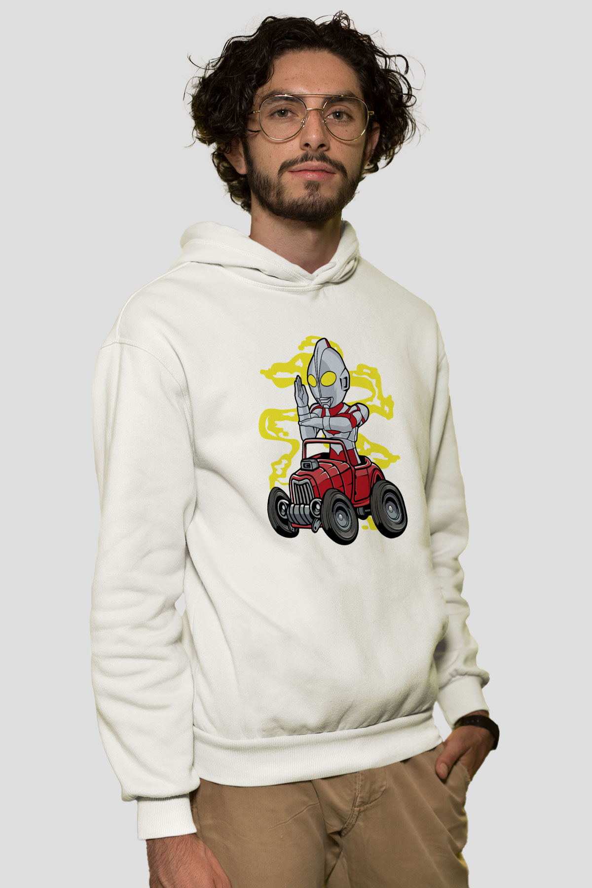Ultraman Hotrod Baskılı Unisex Beyaz Hoodie