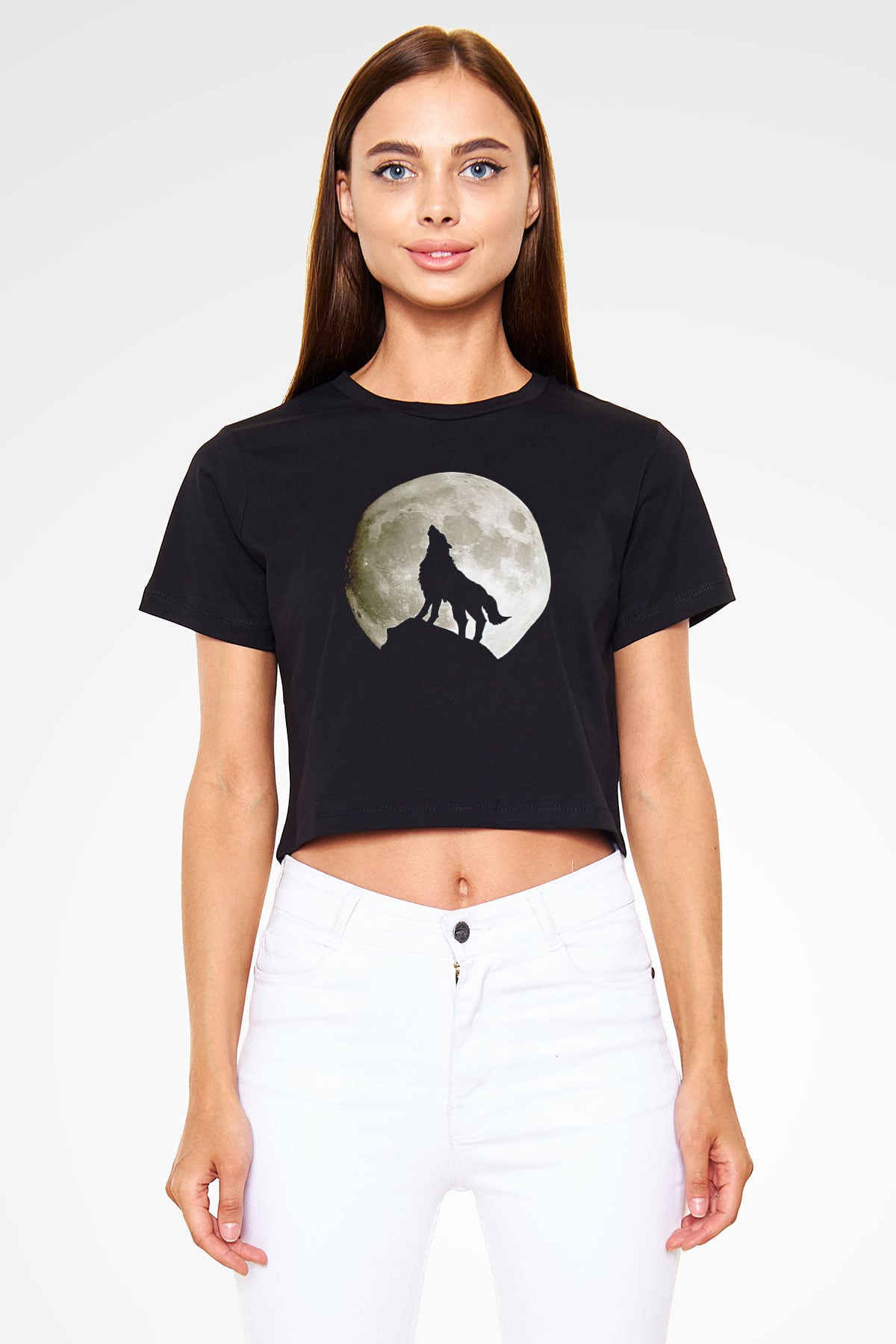Uluyan Kurt Baskılı  Siyah  Crop Top Tişört
