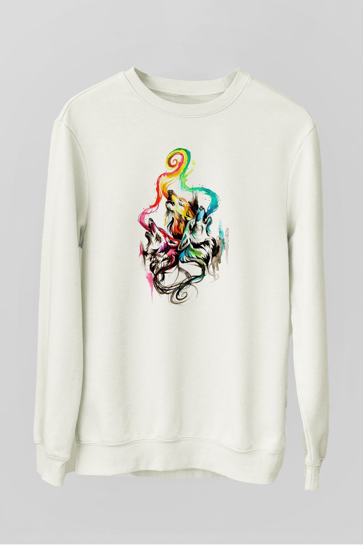 Uluyan Renkli Kurtlar Baskılı Unisex Beyaz  Sweatshirt