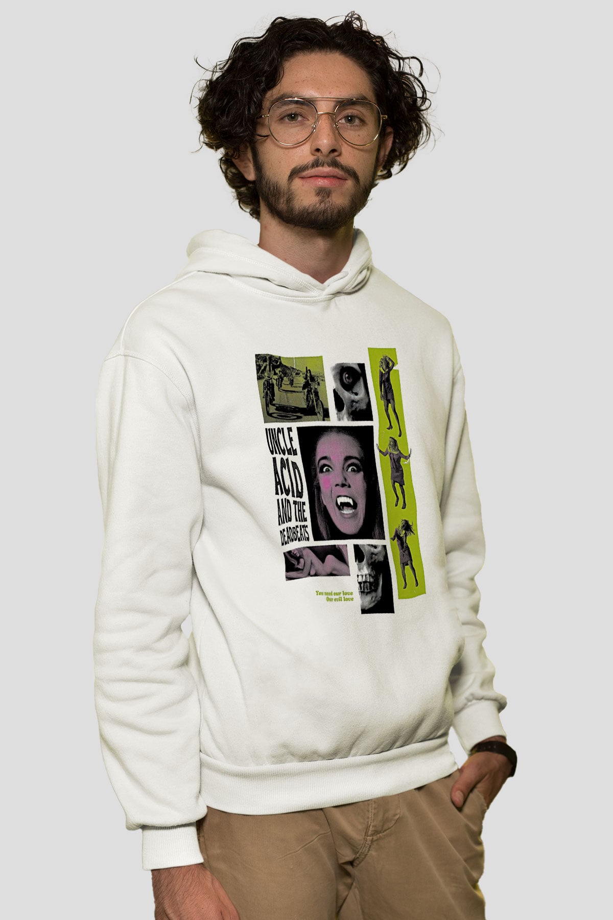 Uncle Acid Baskılı Beyaz Unisex Kapüşonlu Sweatshirt