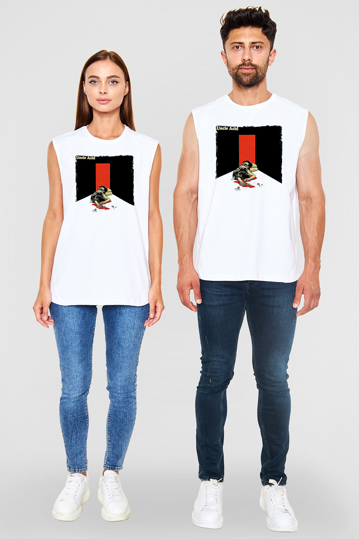 Uncle Acid Baskılı Beyaz Unisex Kolsuz Tişört - Tshirt
