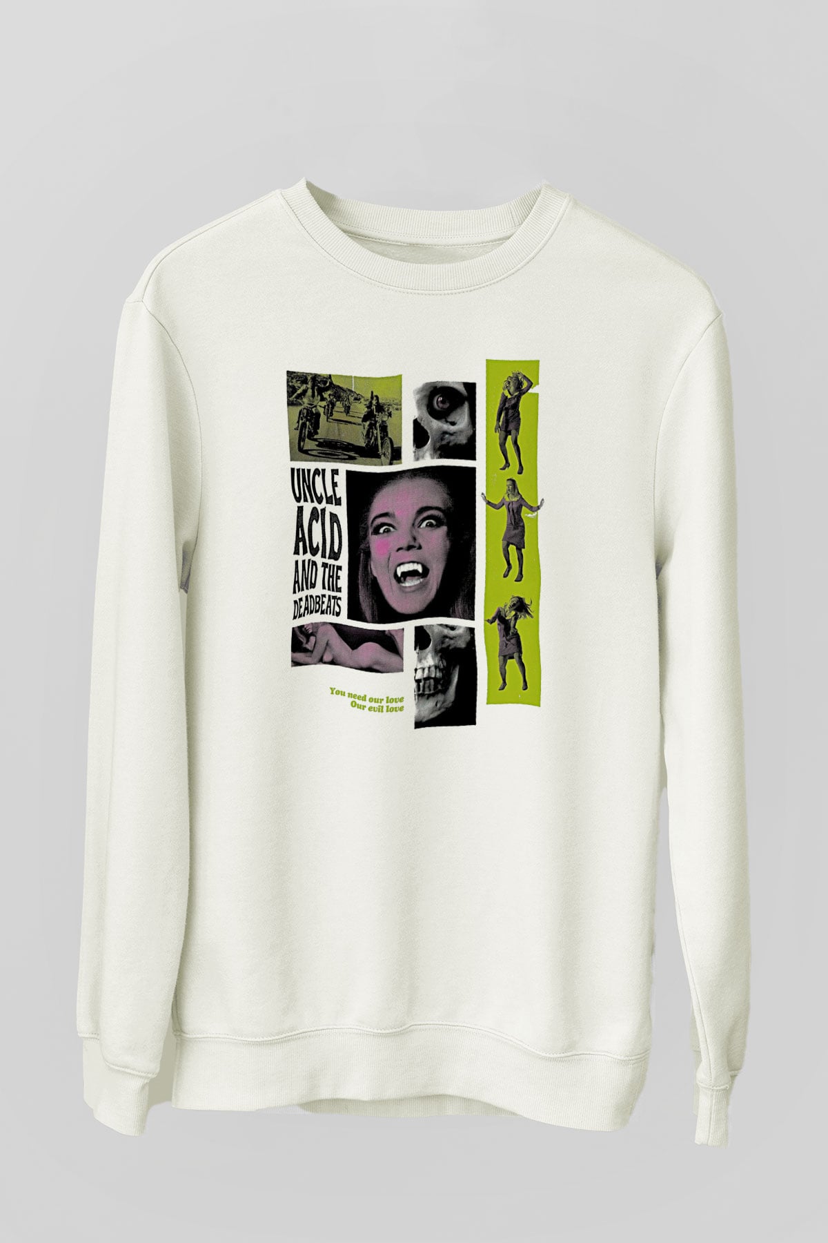 Uncle Acid Baskılı Beyaz Unisex Sweatshirt