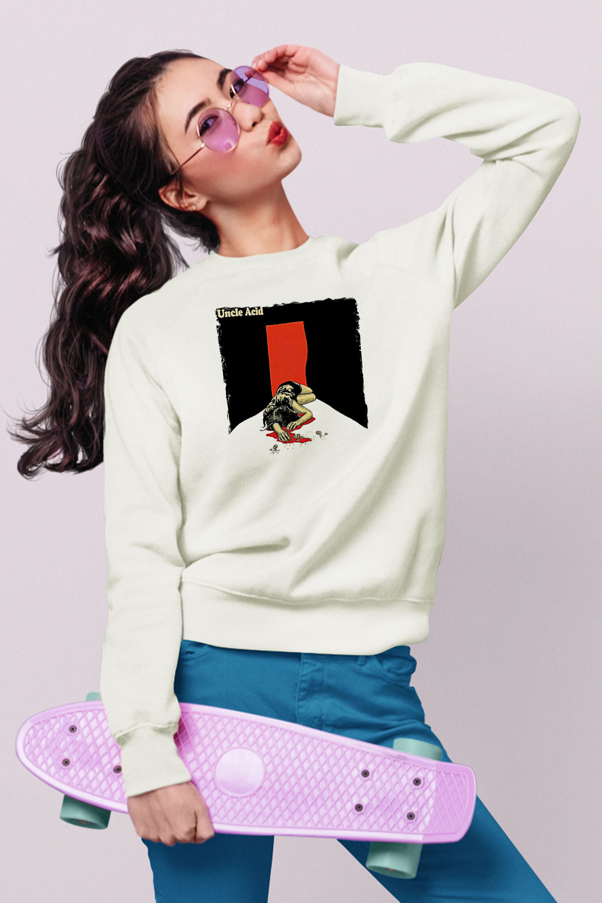 Uncle Acid Baskılı Beyaz Unisex Sweatshirt