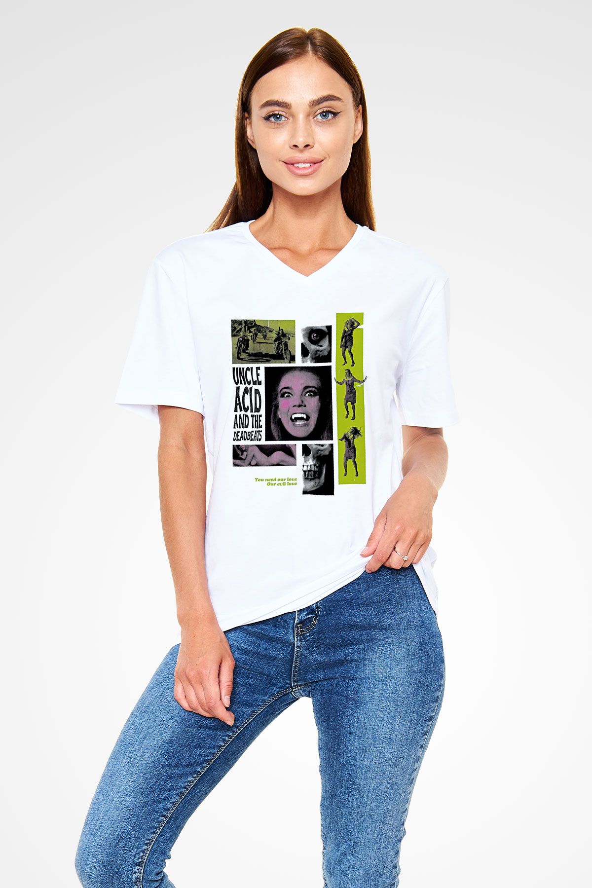 Uncle Acid Baskılı Beyaz Unisex V Yaka Tişört - Tshirt
