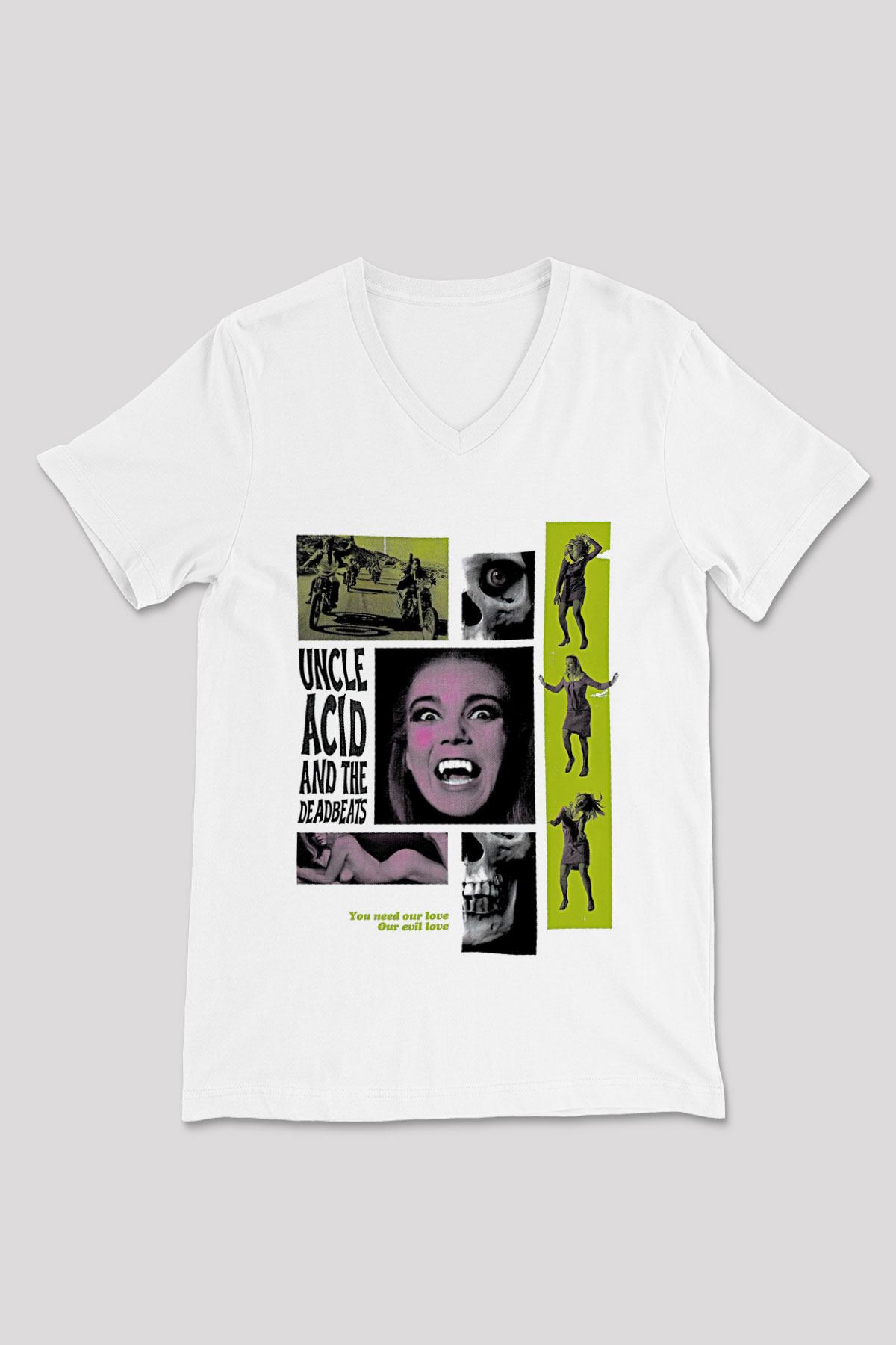 Uncle Acid Baskılı Beyaz Unisex V Yaka Tişört - Tshirt