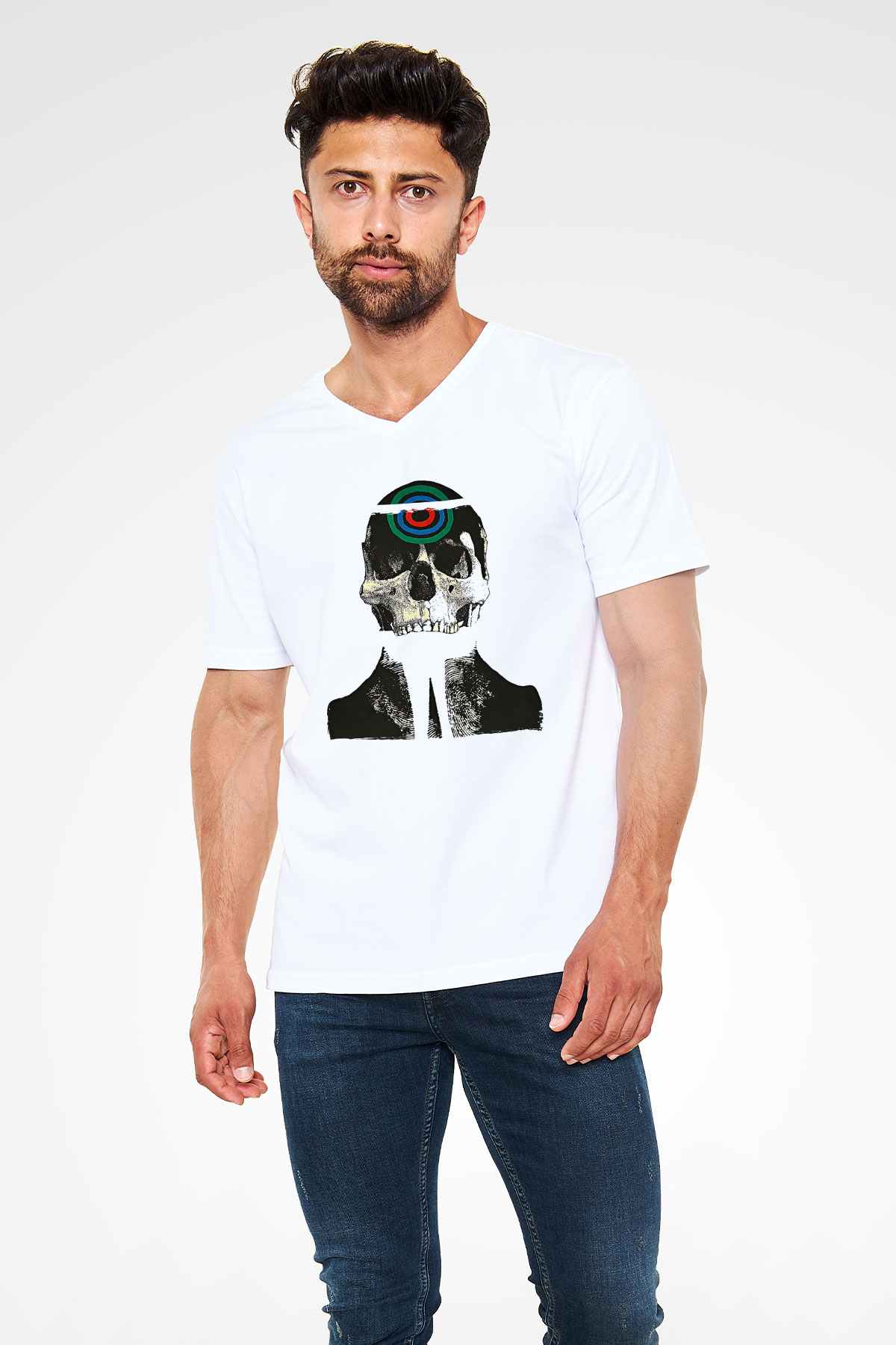 Uncle Acid Baskılı Beyaz Unisex V Yaka Tişört - Tshirt
