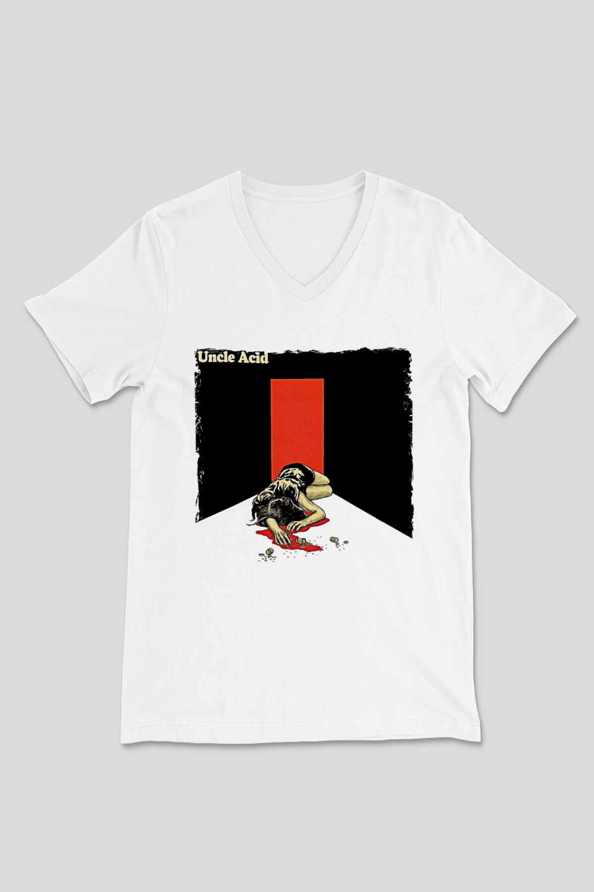 Uncle Acid Baskılı Beyaz Unisex V Yaka Tişört - Tshirt