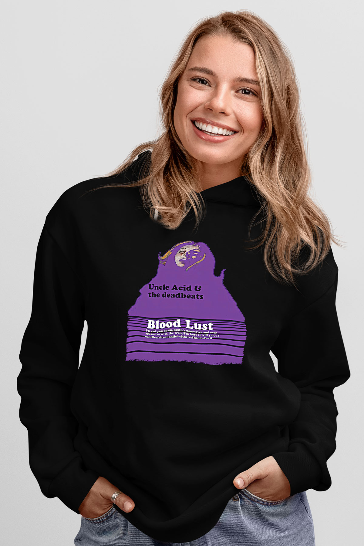 Uncle Acid Baskılı Unisex Siyah Kapüşonlu Sweatshirt