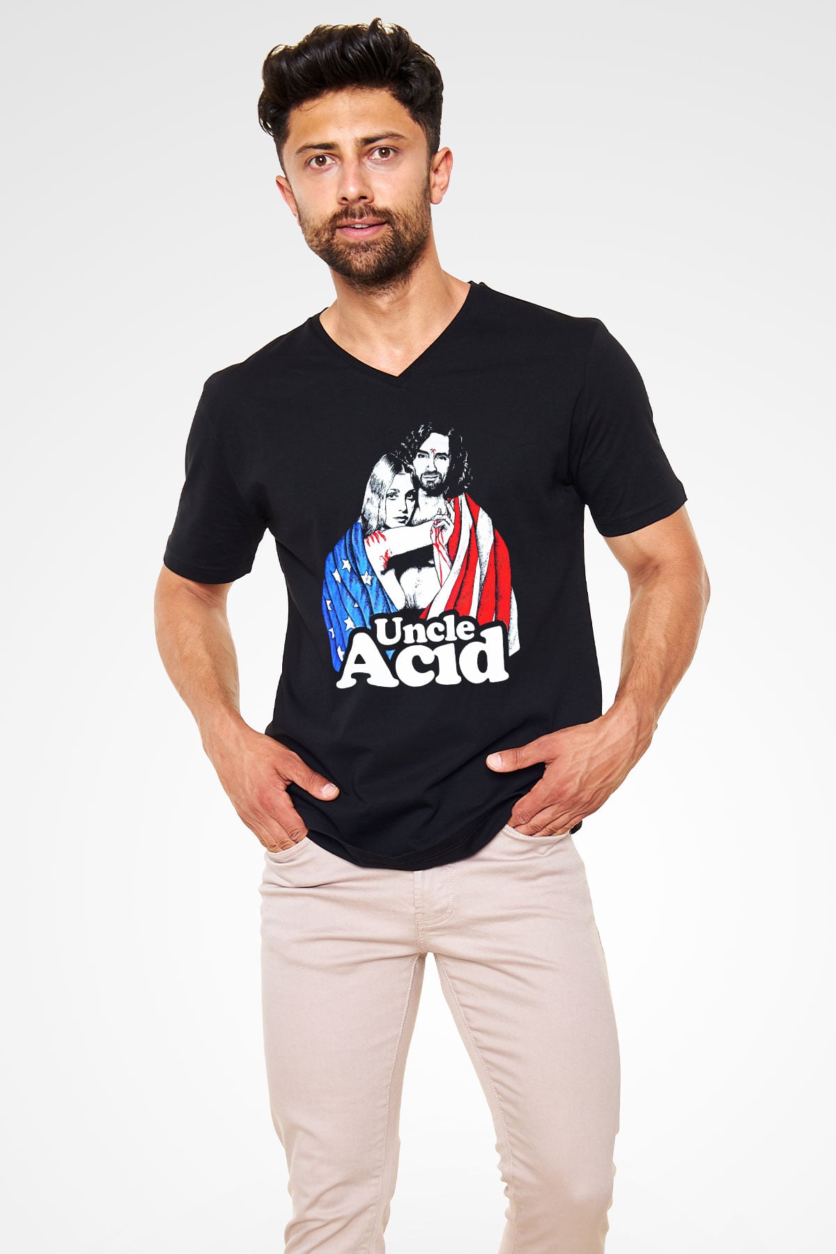 Uncle Acid Baskılı Unisex Siyah V Yaka Tişört - Tshirt