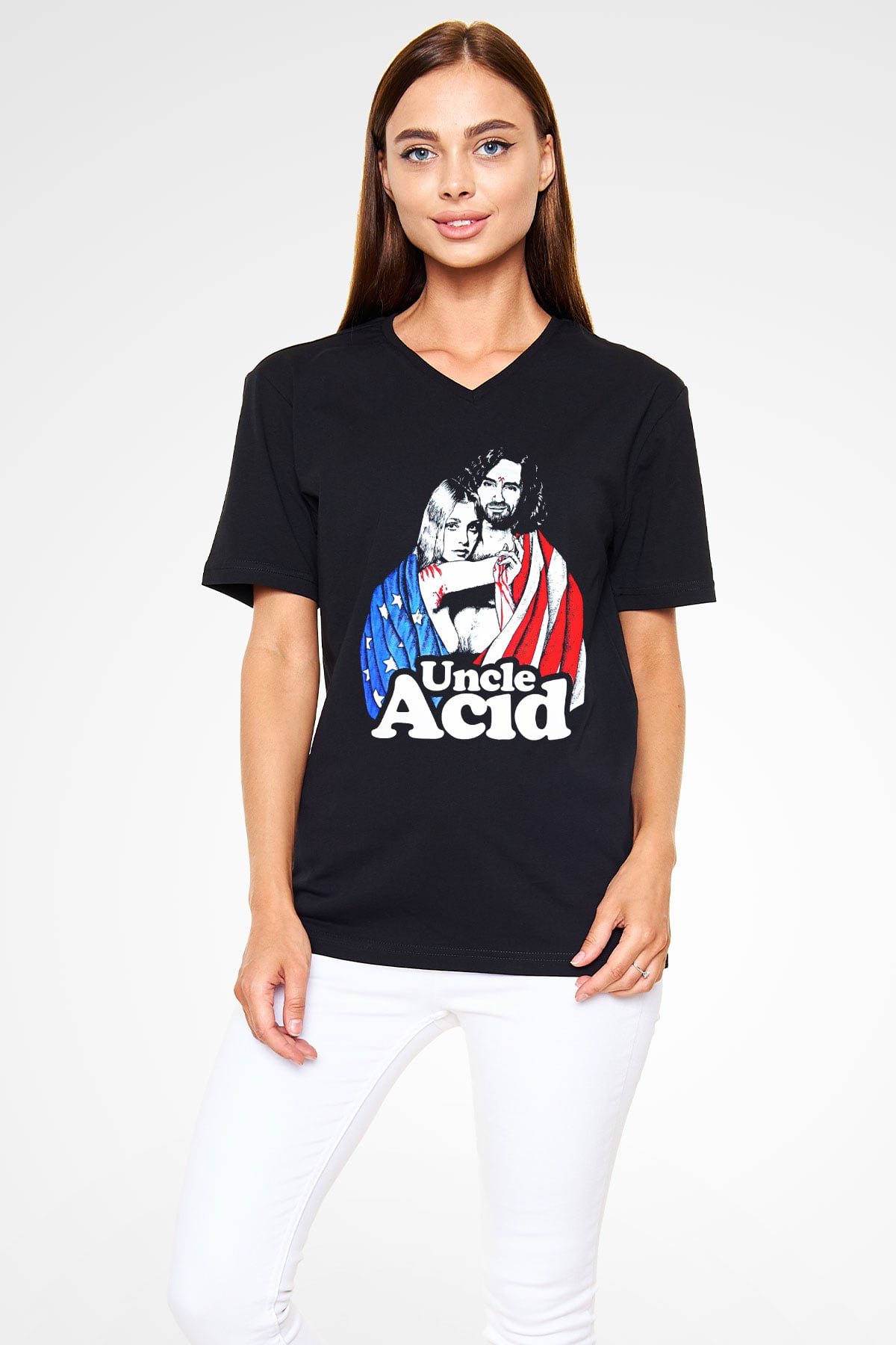 Uncle Acid Baskılı Unisex Siyah V Yaka Tişört - Tshirt